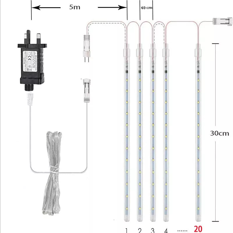 20 Tube Meteor Shower Lights Outdoor Christmas Decoration Icicle Lights