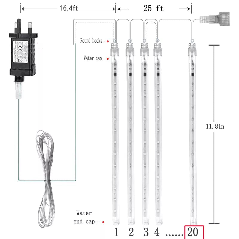 20 Tube Meteor Shower Lights Outdoor Christmas Decoration Icicle Lights