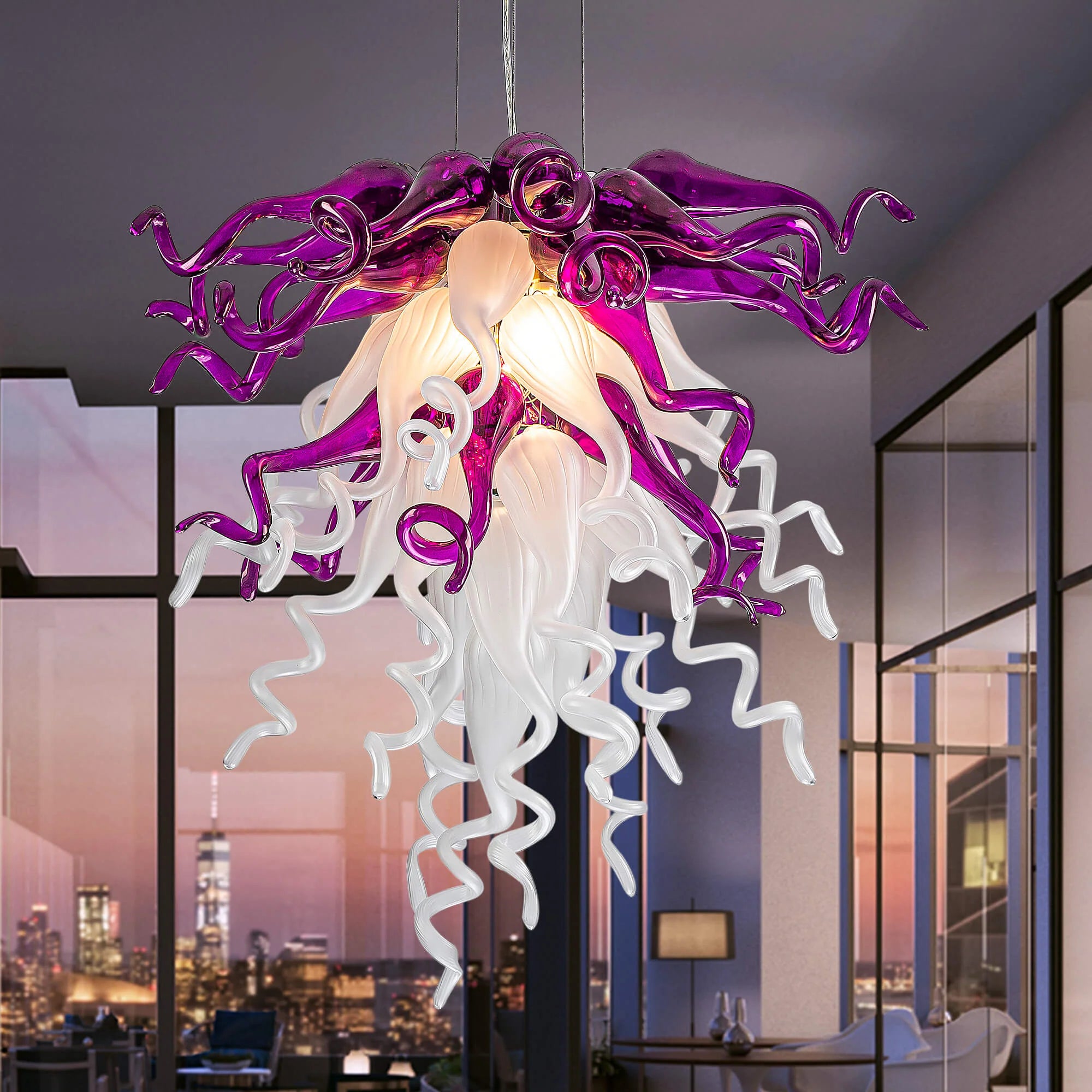 Blown Glass Chandelier Chihuly Style Purple And White