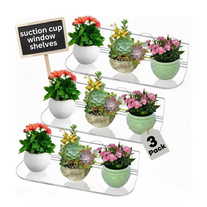 Slide-Proof 3 Pack Suction Cup Window Shelves for Plants