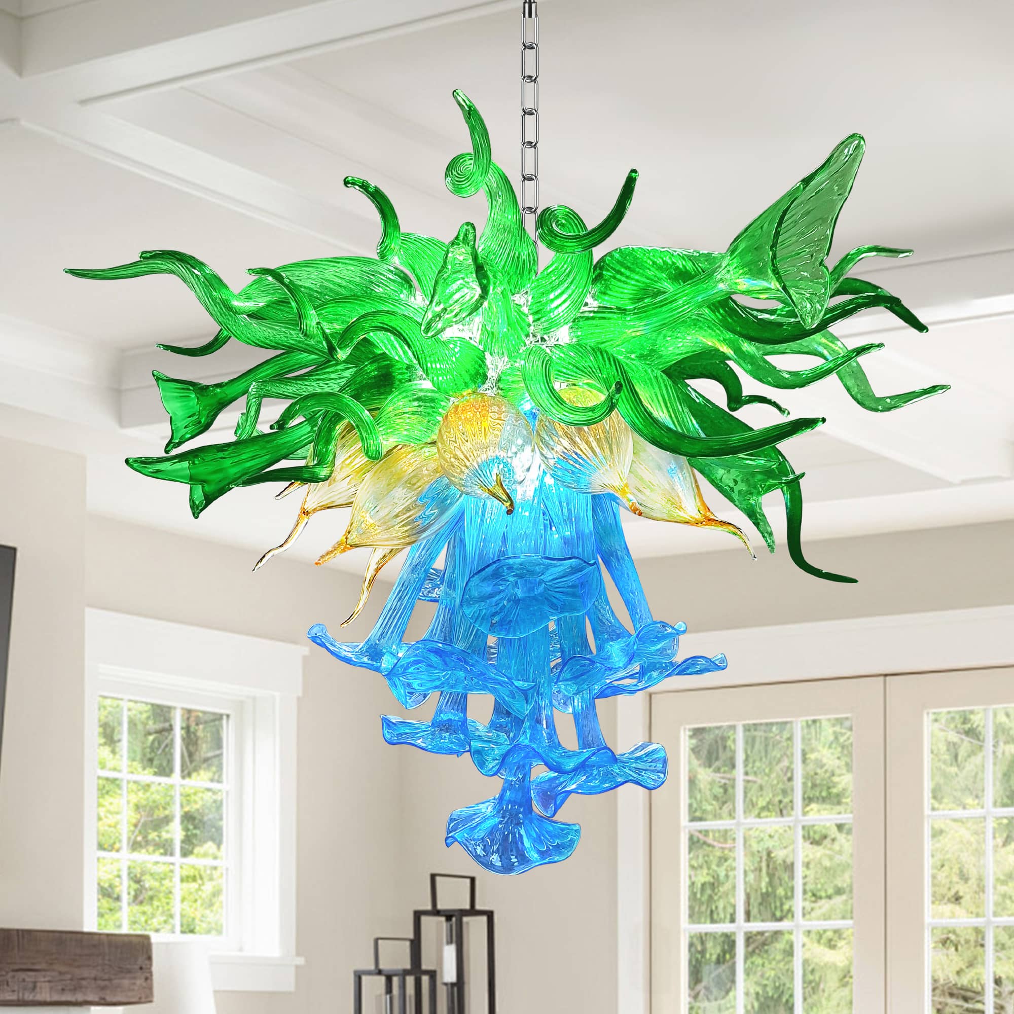 Blown Glass Chandelier Three Layers Blue Green And Gold