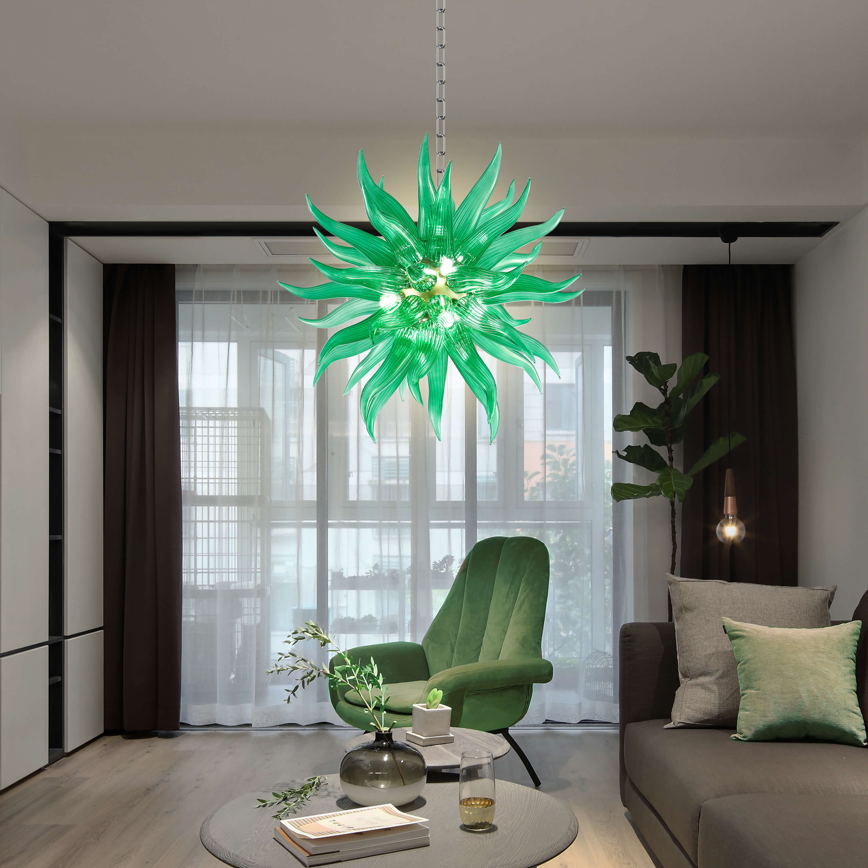 Contemporary Chihuly Style Blown Glass Chandelier Emerald Green