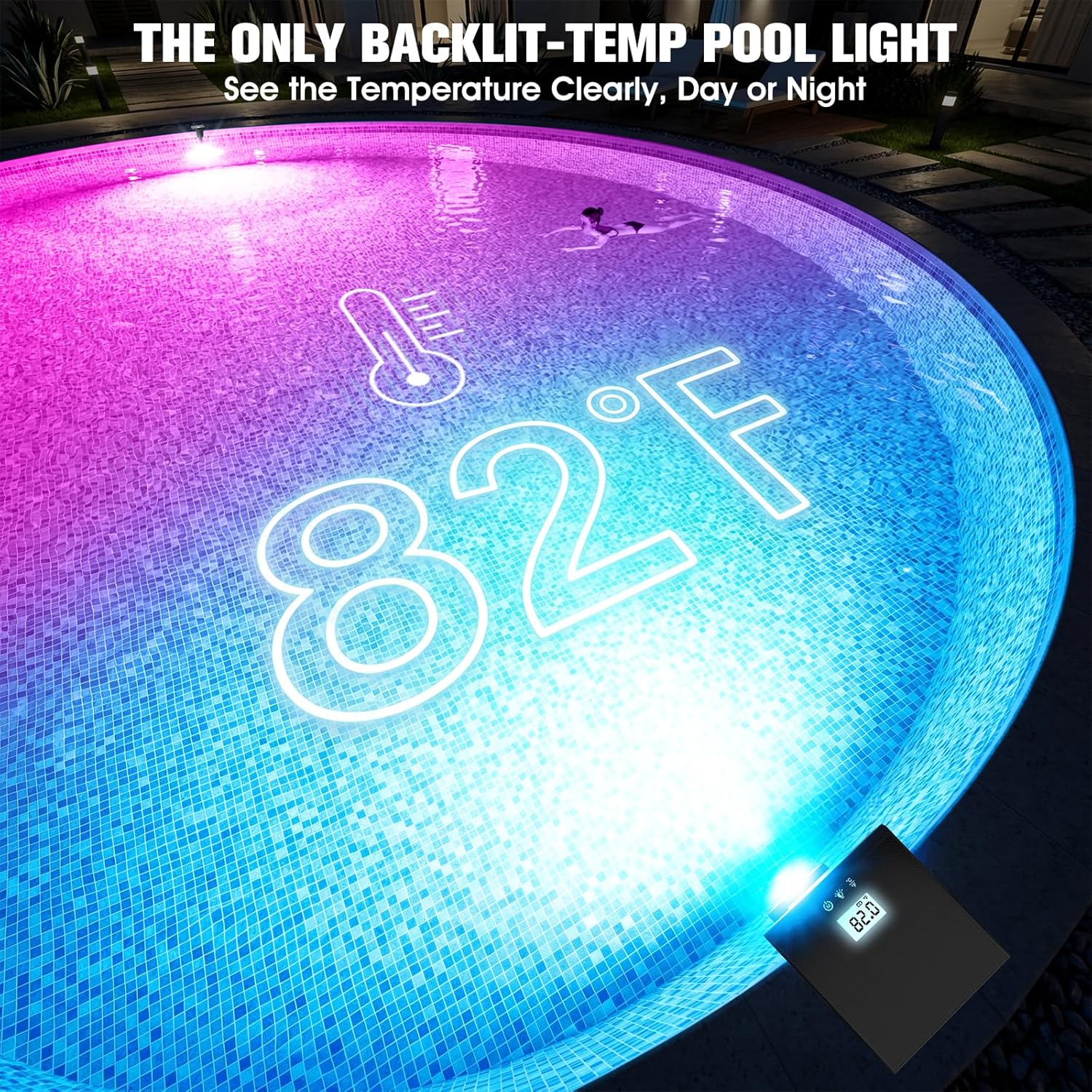 Solar Pool Lights for Inground Pools Upgraded with LCD Pool Thermometer