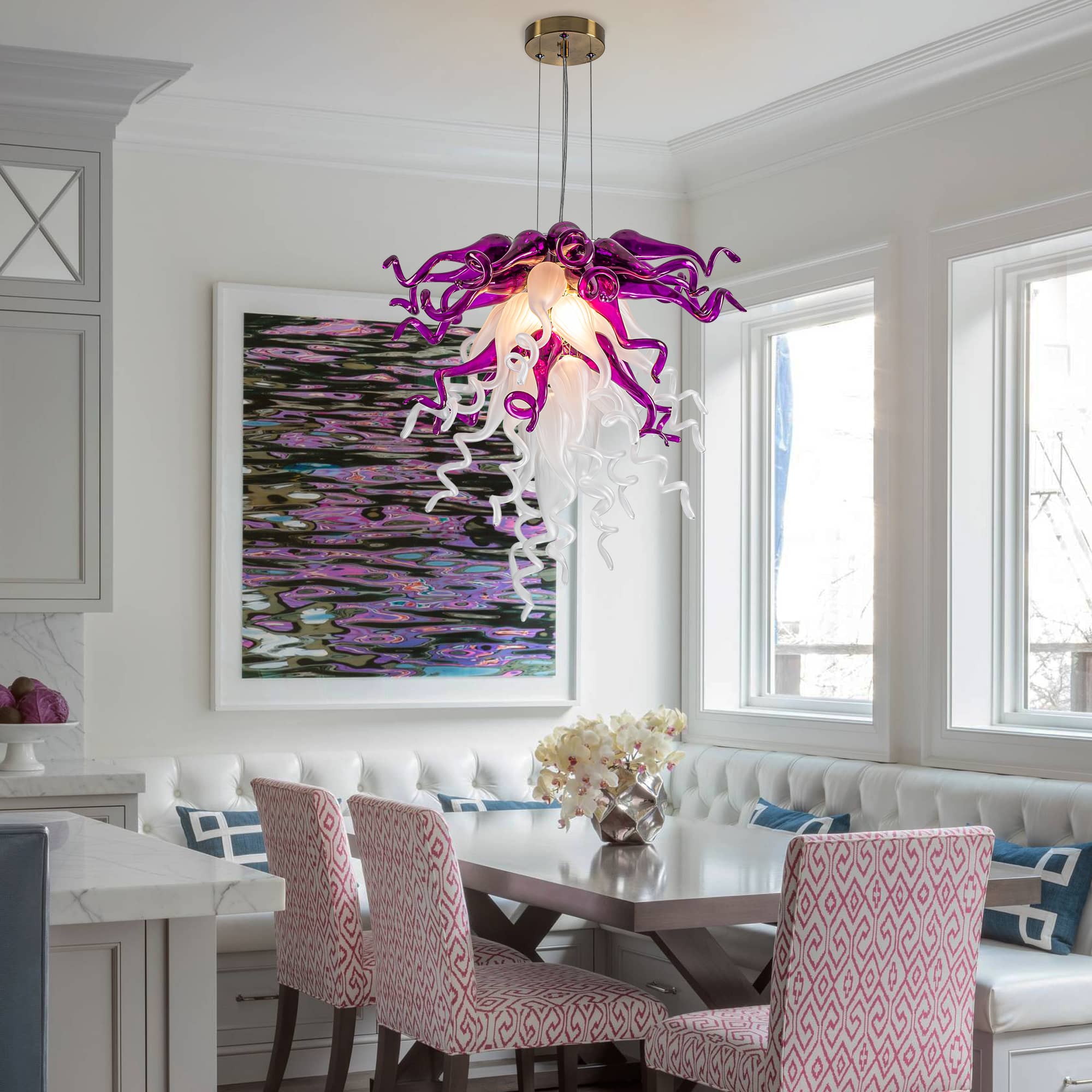 Blown Glass Chandelier Chihuly Style Purple And White