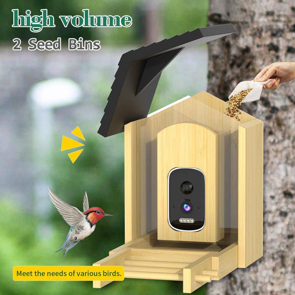 Solar Smart Bird Feeder with AI Camera & Bamboo Wood - B1