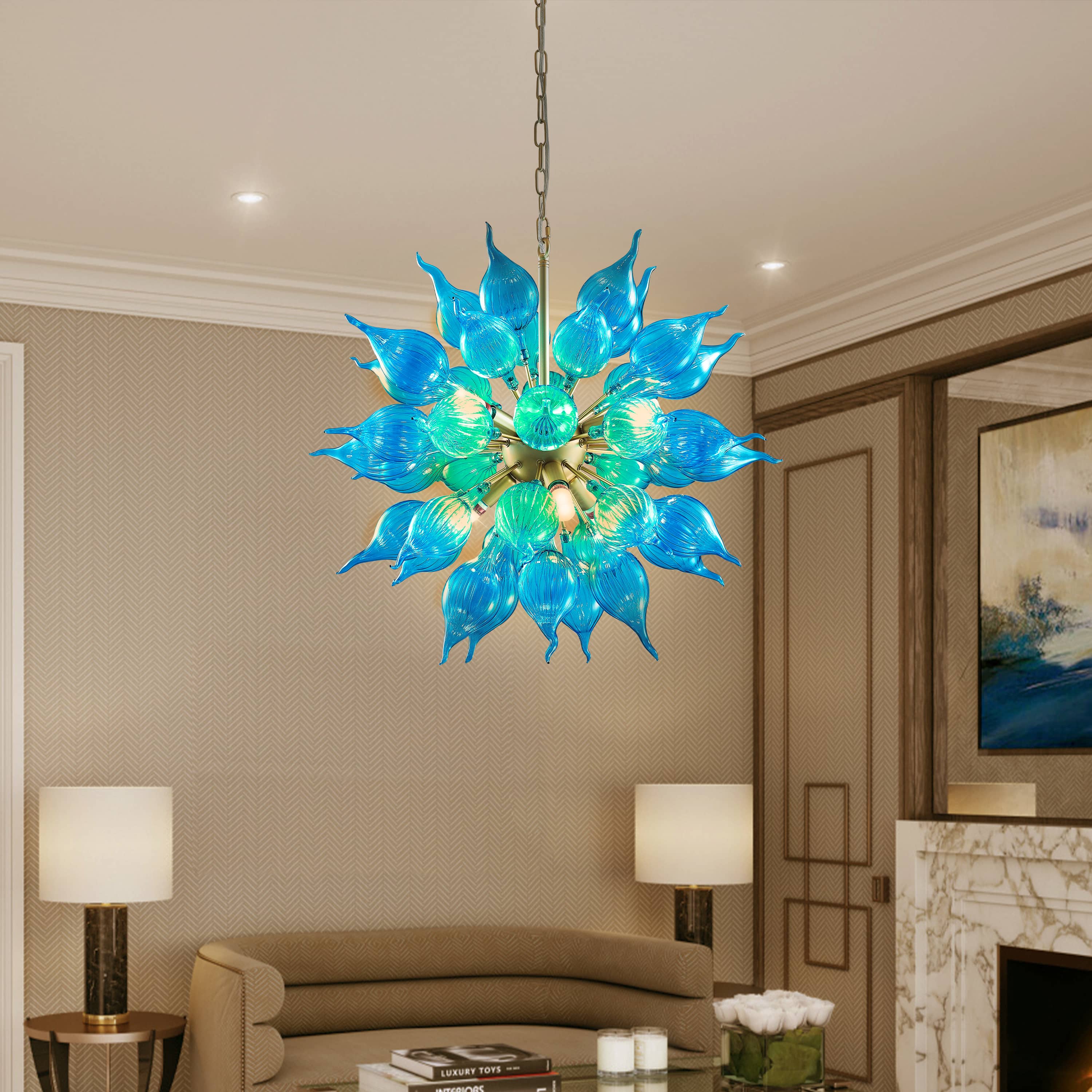 Sputnik Style Blown Glass Chandelier LED Blue Pendant Light