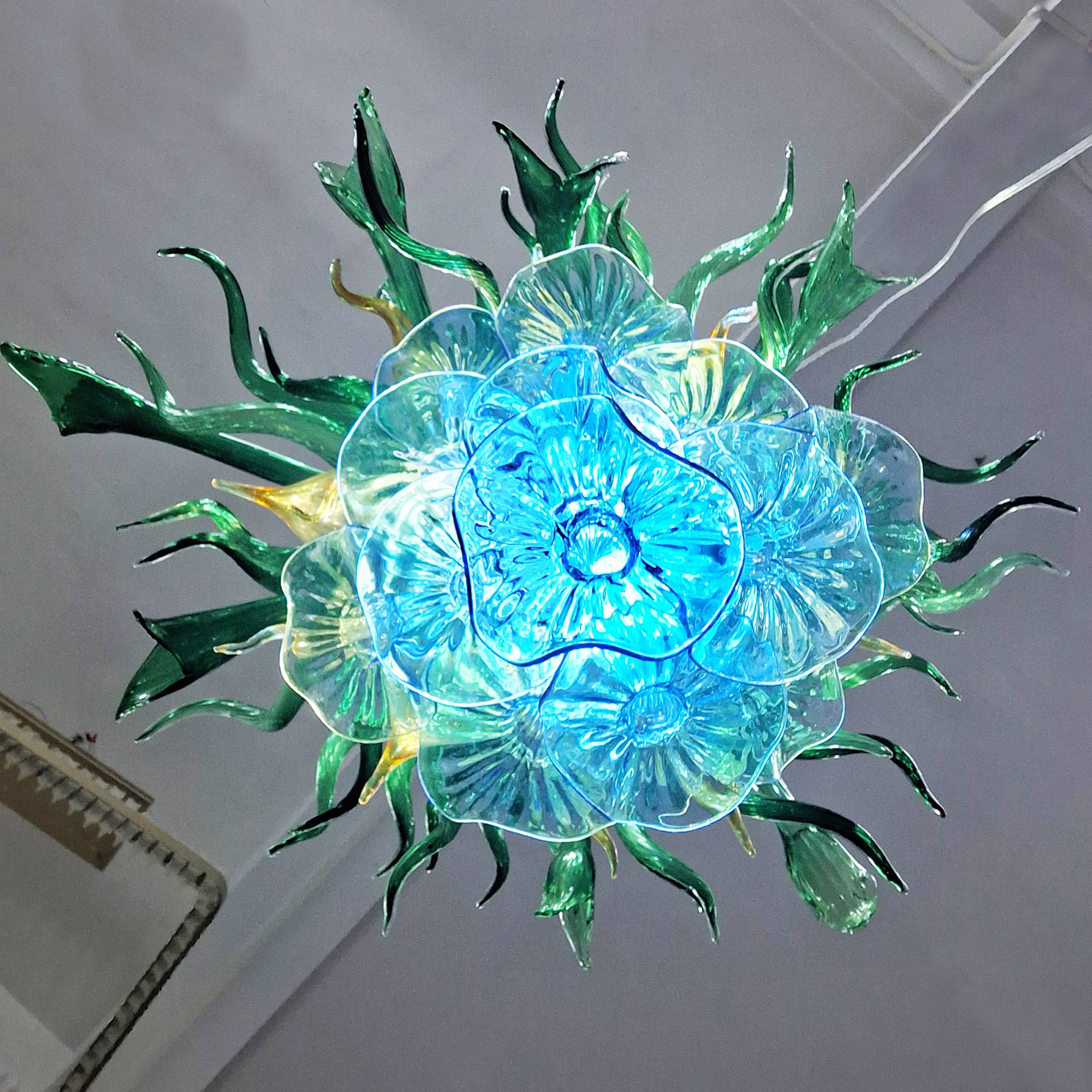 Blown Glass Chandelier Three Layers Blue Green And Gold