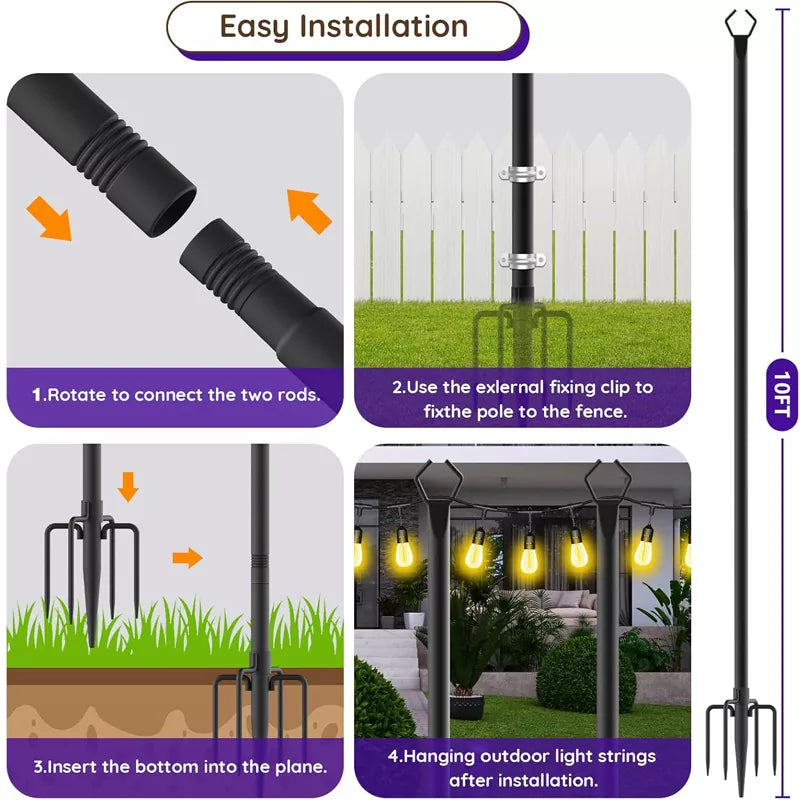 4 Pack 10Ft String Hanging Light Poles with Fork For Outdoor Patio Backyard