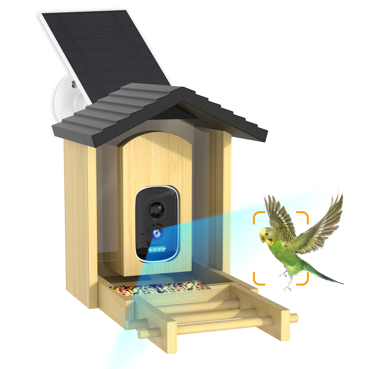 Solar Smart Bird Feeder with AI Camera & Bamboo Wood - B1