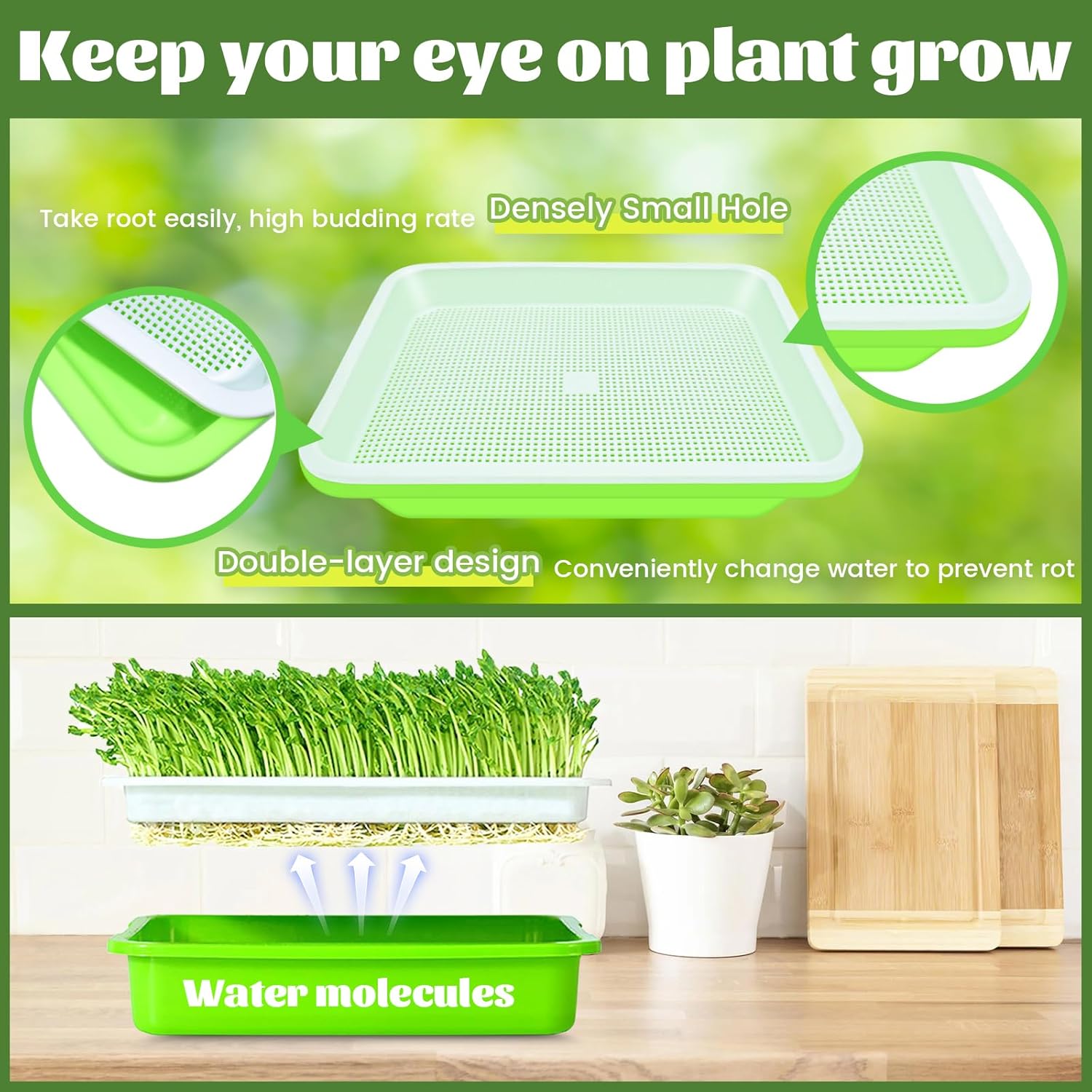 10 Pack Green Seed Sprouter Trays- Soil-Free Cultivation Germination Tray
