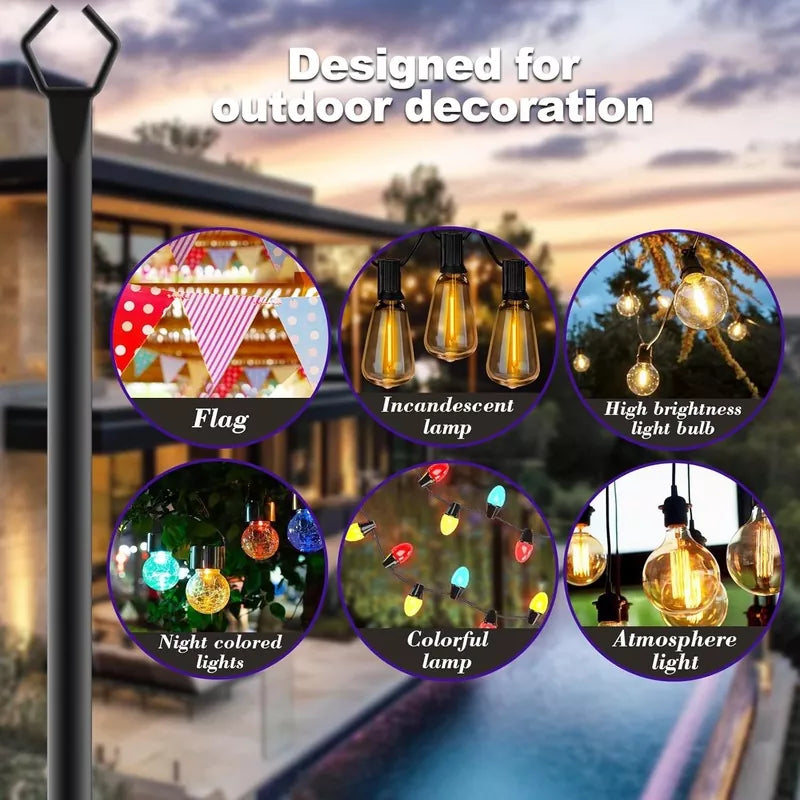 4 Pack 10Ft String Hanging Light Poles with Fork For Outdoor Patio Backyard