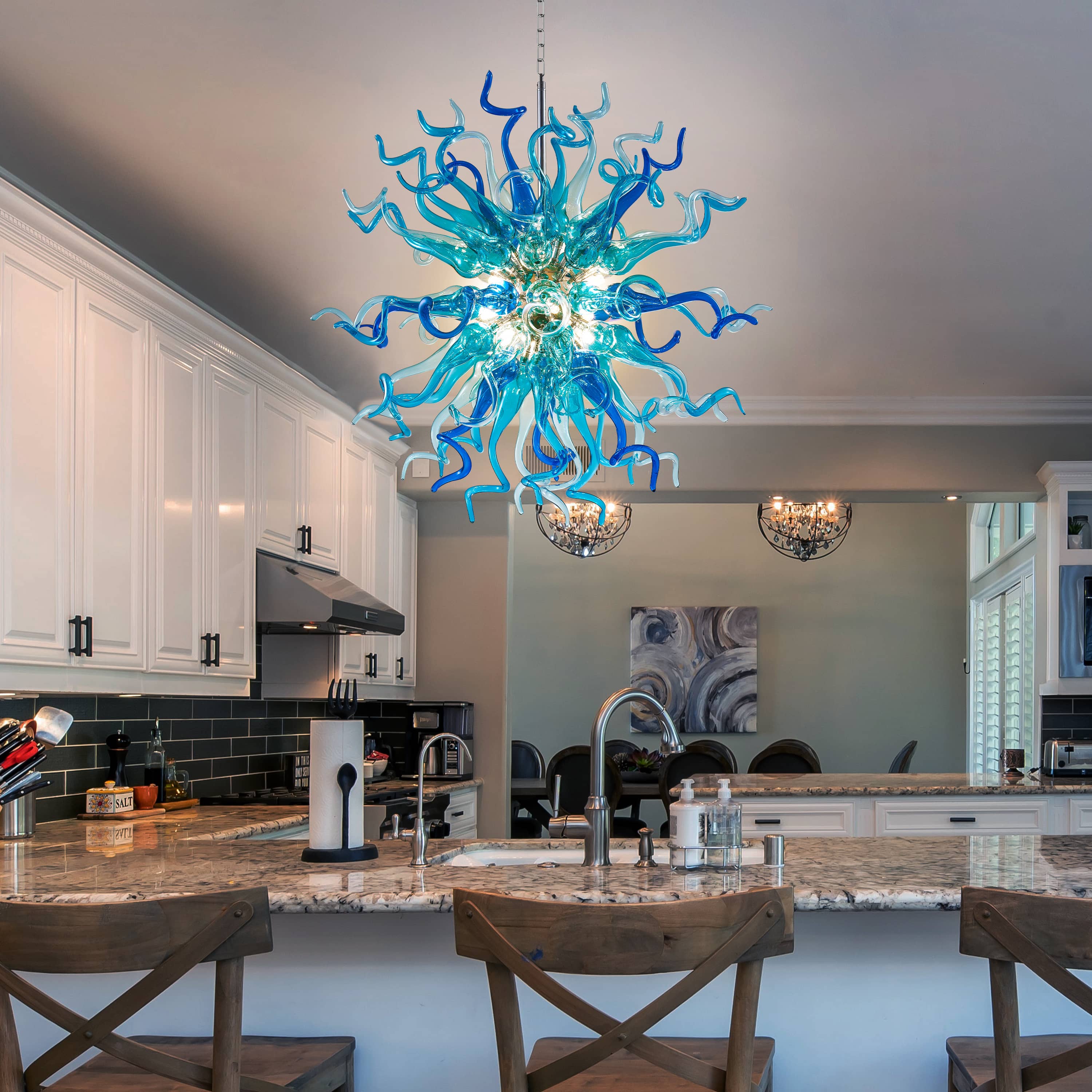 Chihuly Style Blown Glass Chandeliers Light Azure&Blue Sputnik Shape