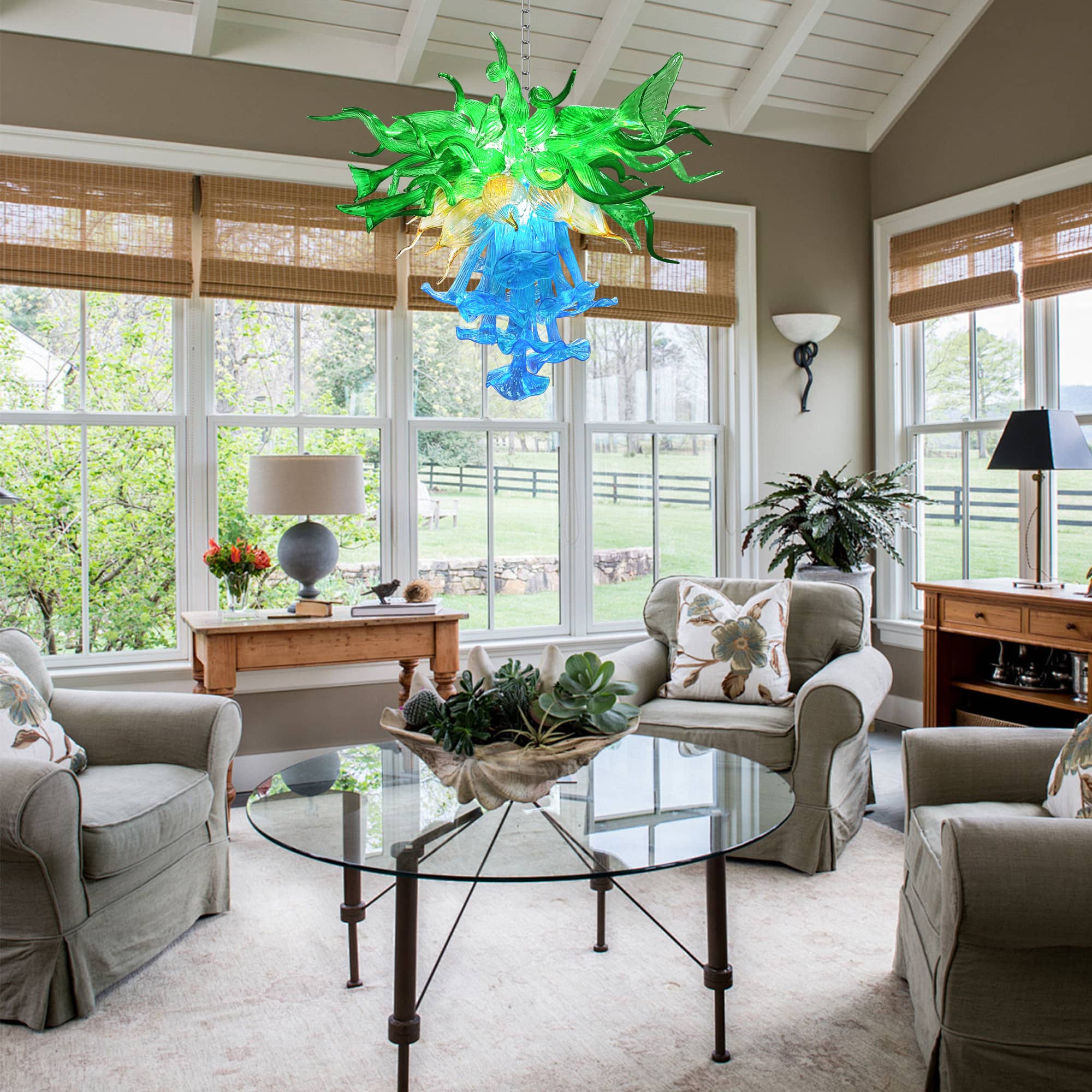 Blown Glass Chandelier Three Layers Blue Green And Gold