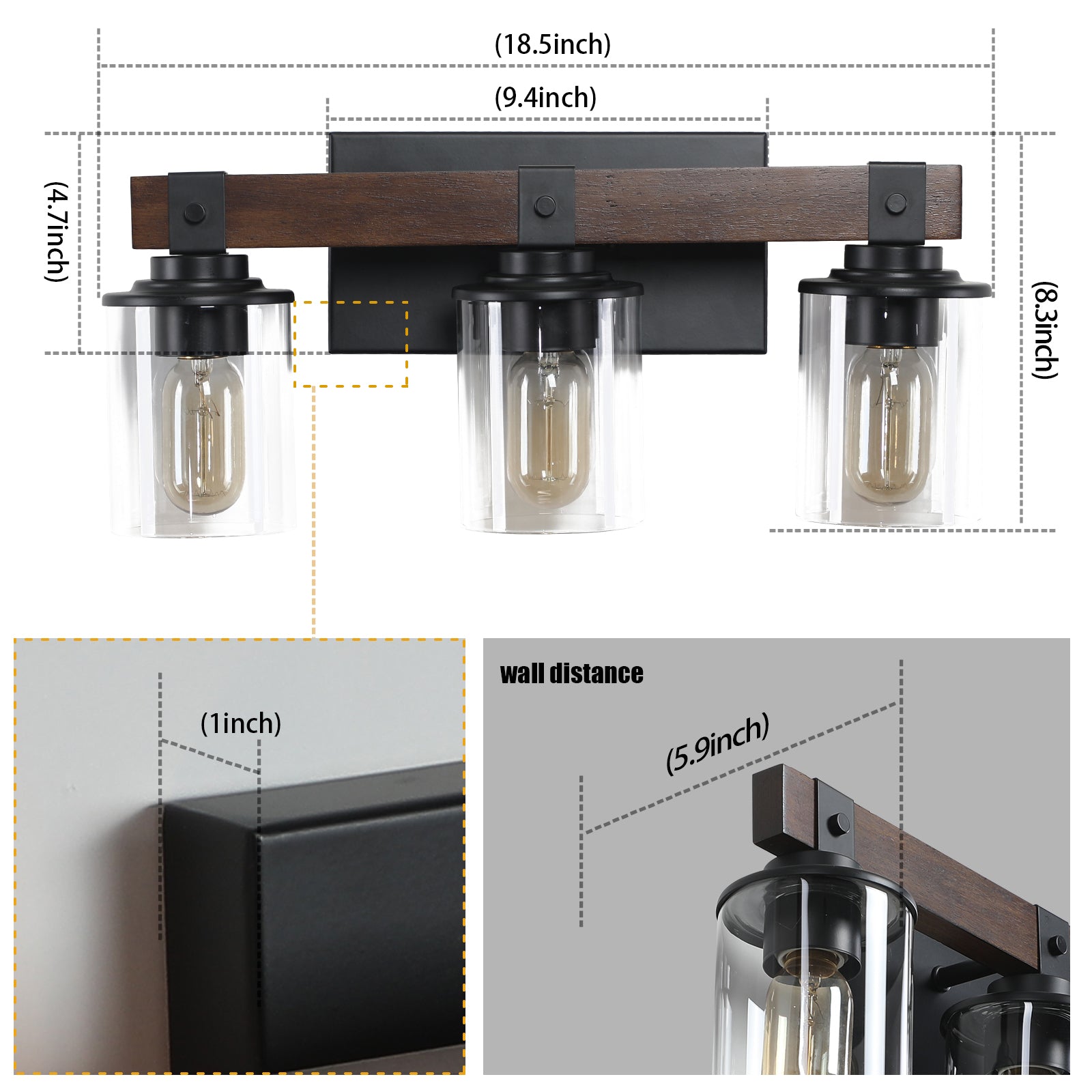19" Rustic 3-Light Vanity Light Industrial Bathroom Wall Sconce