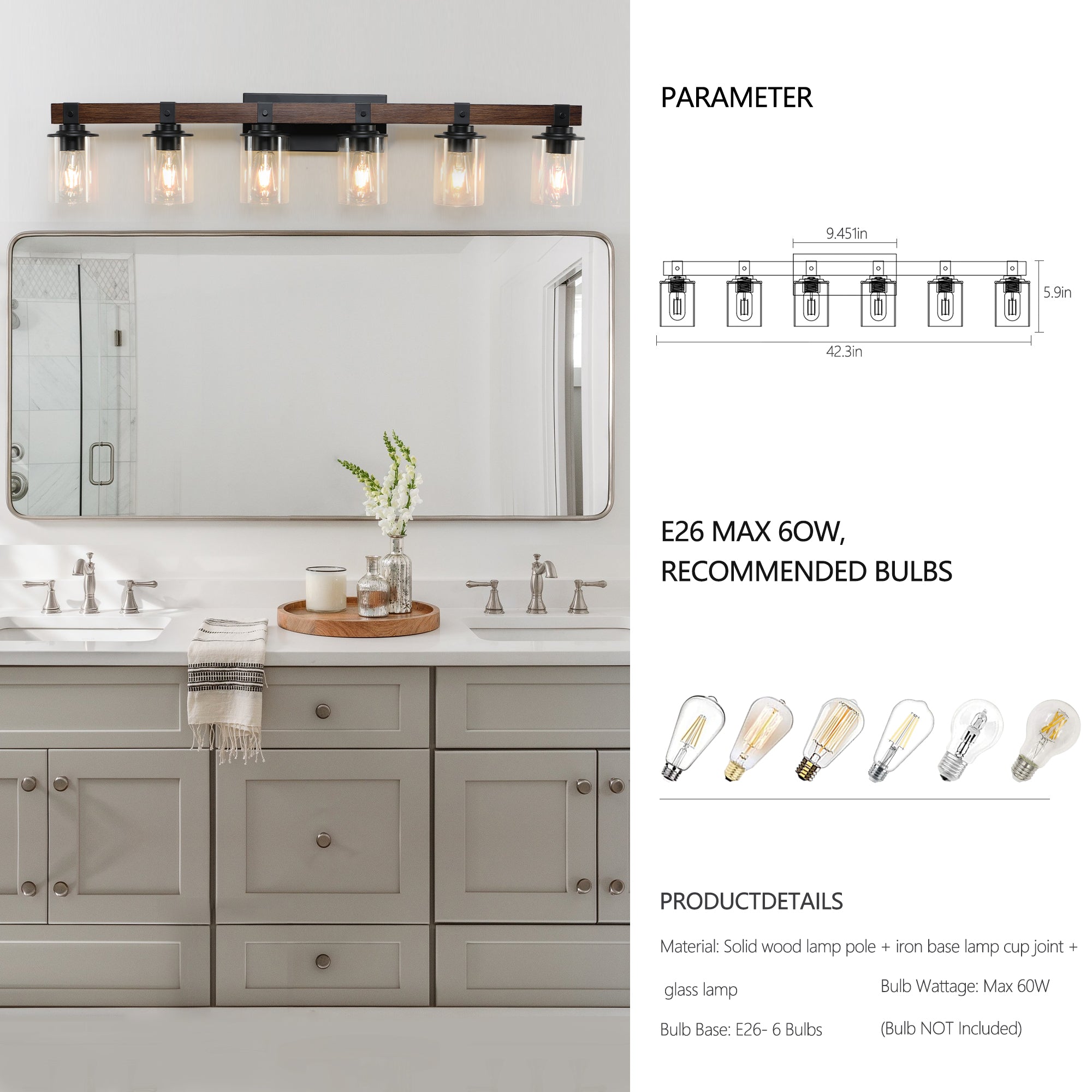 42" Rustic 6-Light Vanity Light Industrial Bathroom Wall Sconce