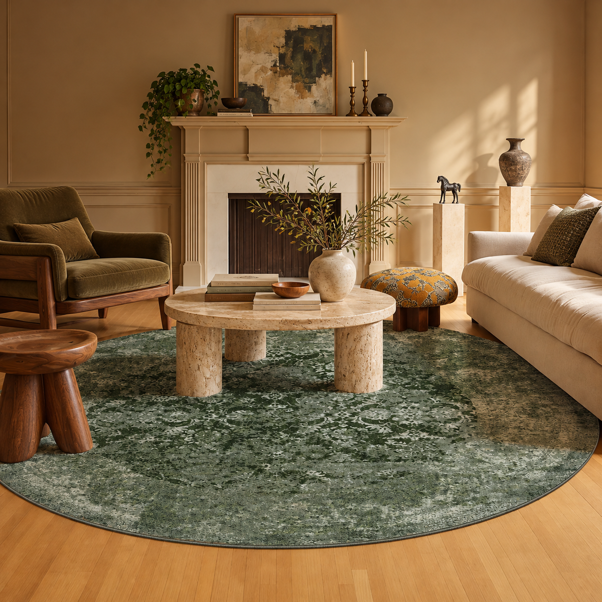 Vintage Persian Washable Round Rug for Living Room & Bedroom - C2