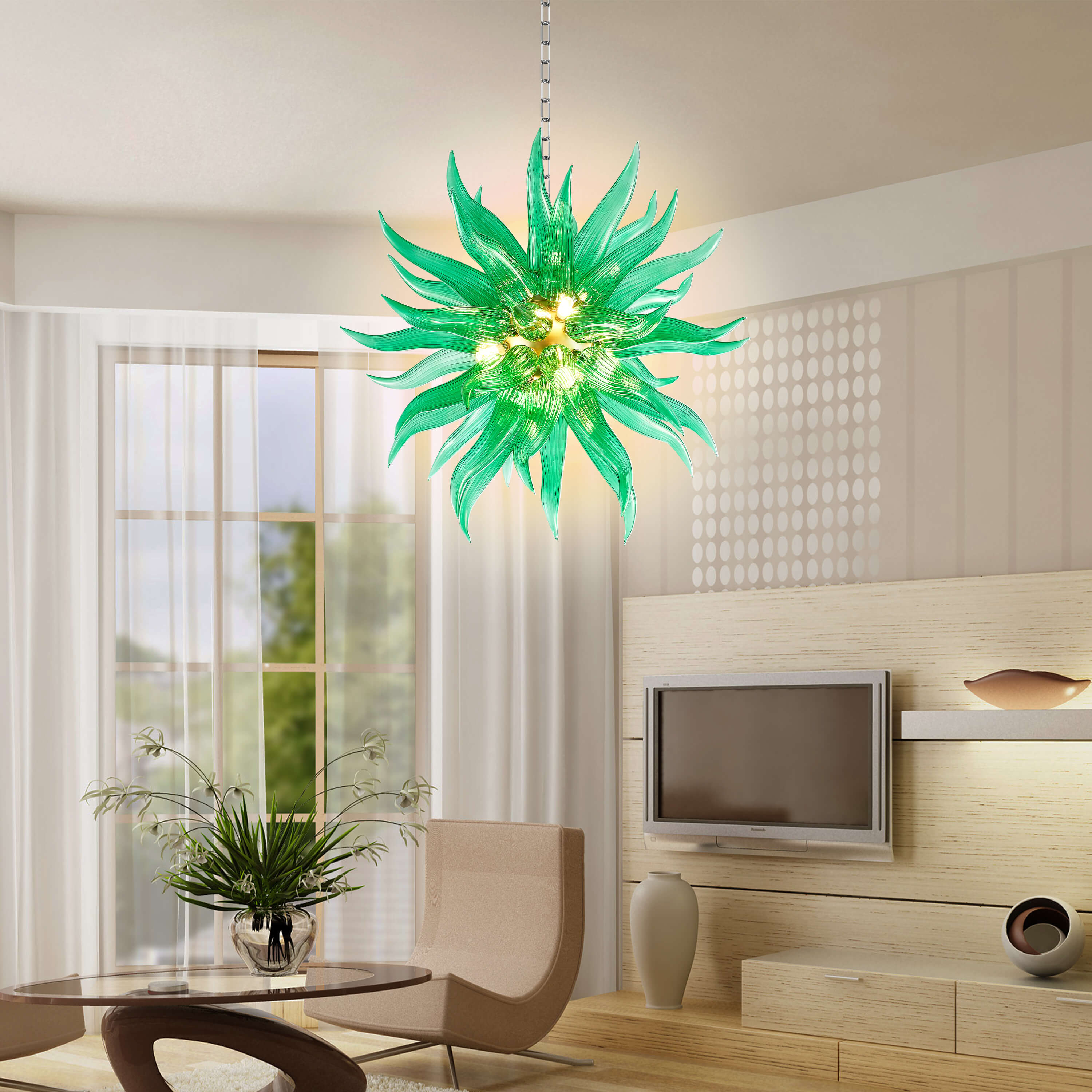 Contemporary Chihuly Style Blown Glass Chandelier Emerald Green