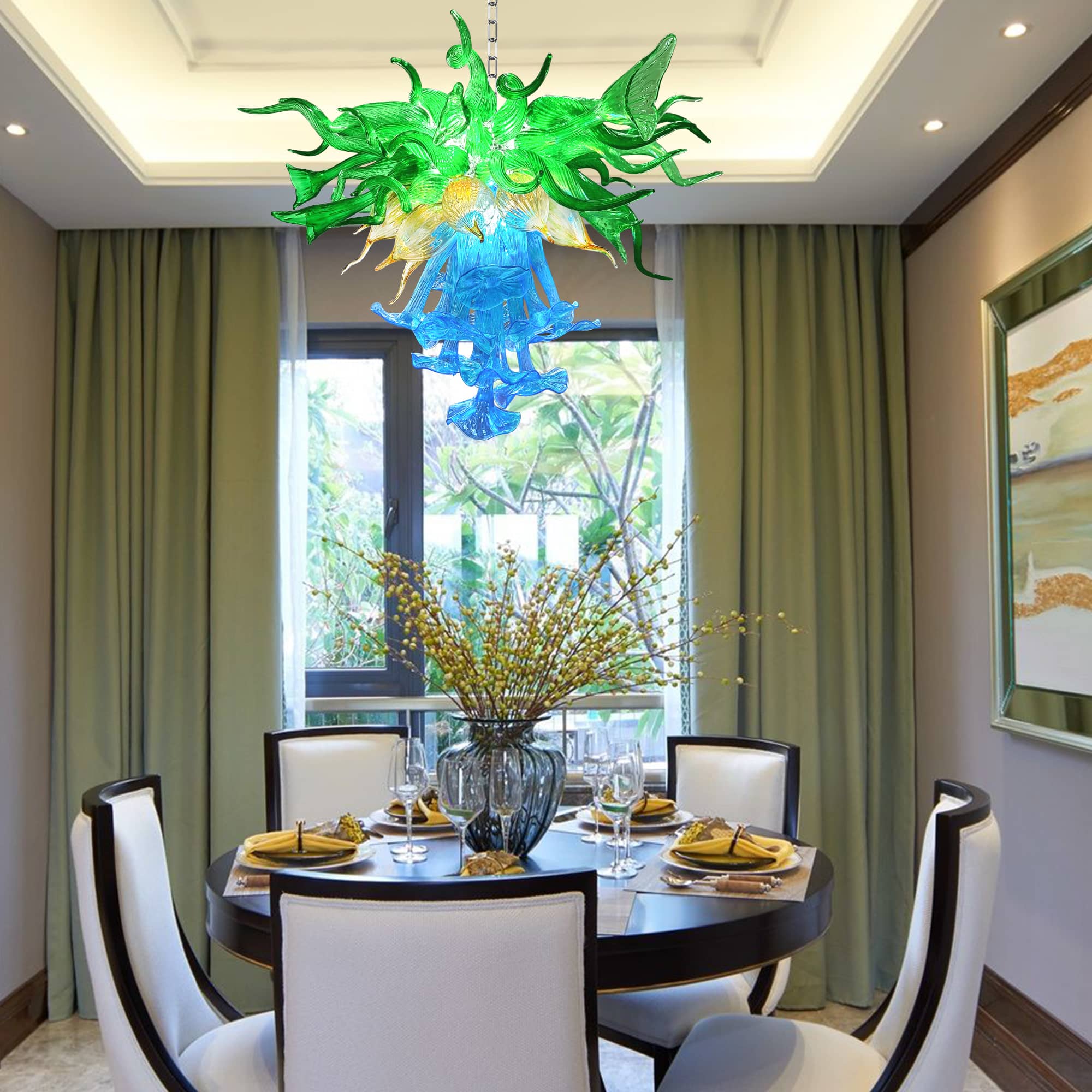 Blown Glass Chandelier Three Layers Blue Green And Gold