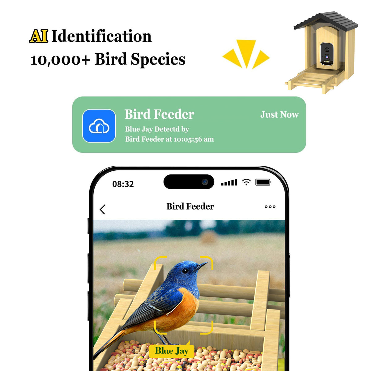 Solar Smart Bird Feeder with AI Camera & Bamboo Wood - B1