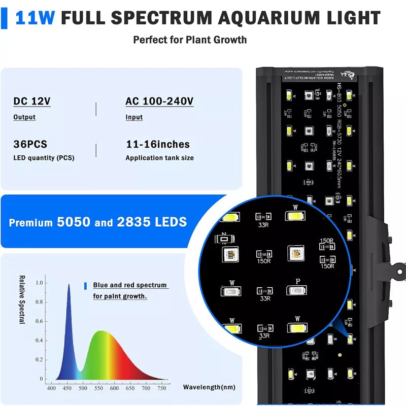 LED Aquarium Light 24/7 Mode Clip on Fish Tank Light with Memory Function