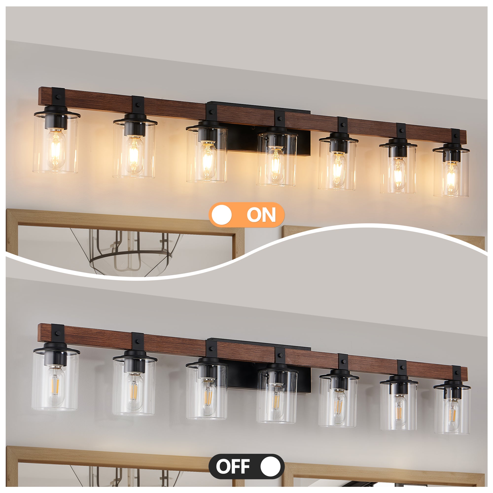 50" Rustic 7-Light Vanity Light, Industrial Bathroom Wall Sconce with Glass Shades
