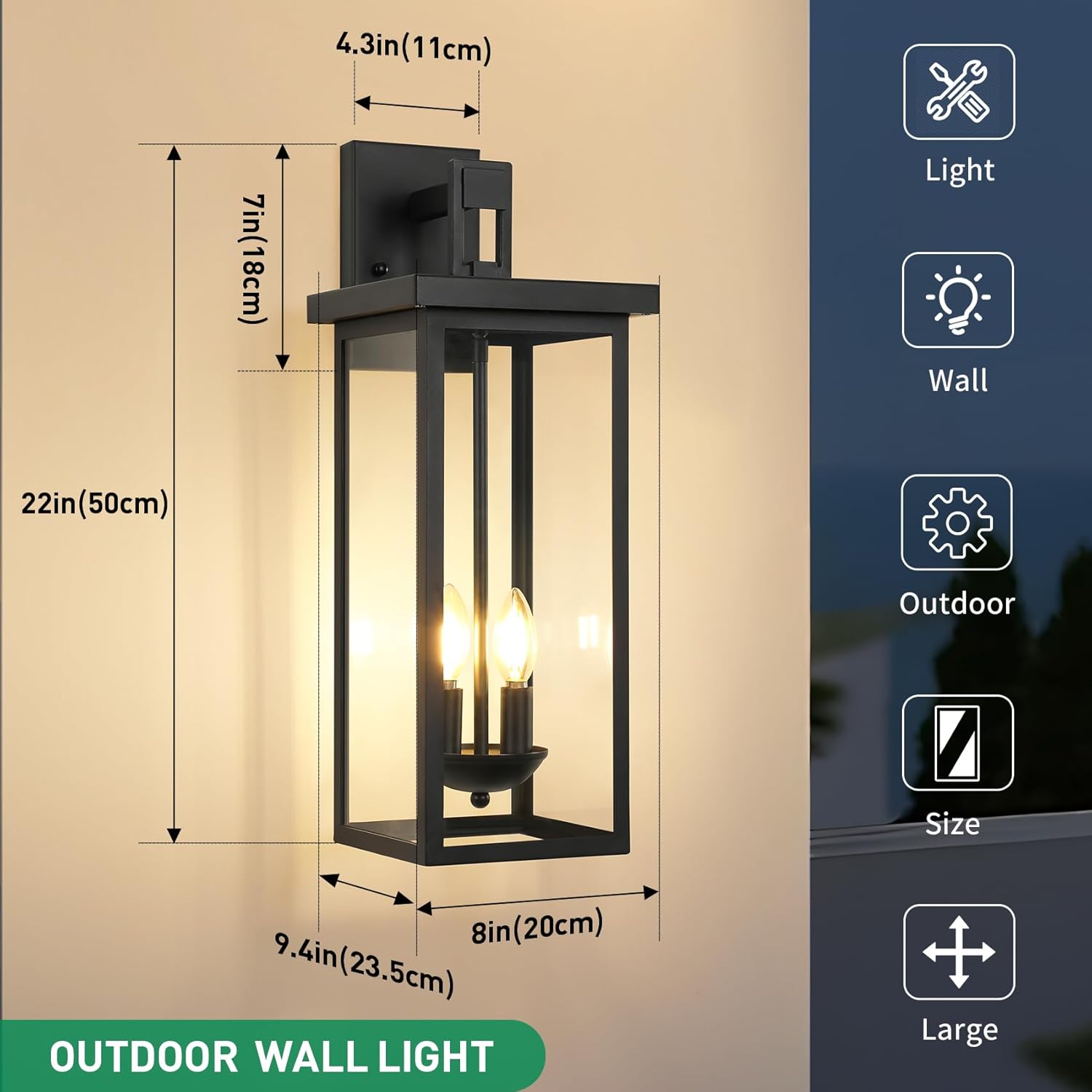 22 Inch Large Black Outdoor Wall Lights Exterior Lighting Fixtures - E12 Base*2