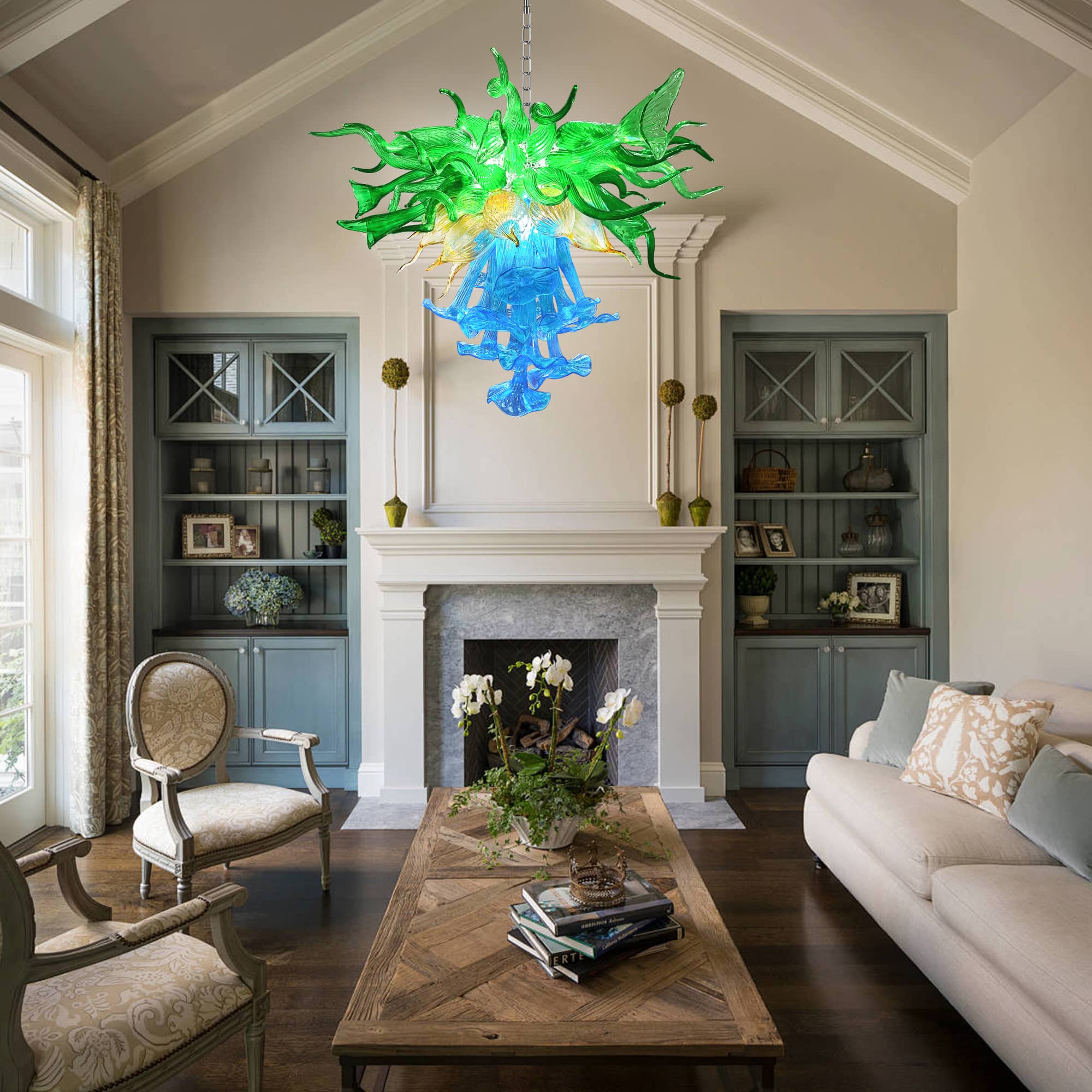 Blown Glass Chandelier Three Layers Blue Green And Gold