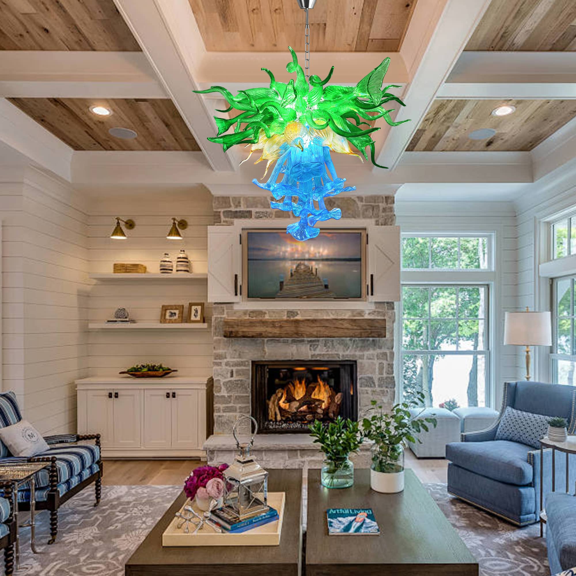 Blown Glass Chandelier Three Layers Blue Green And Gold