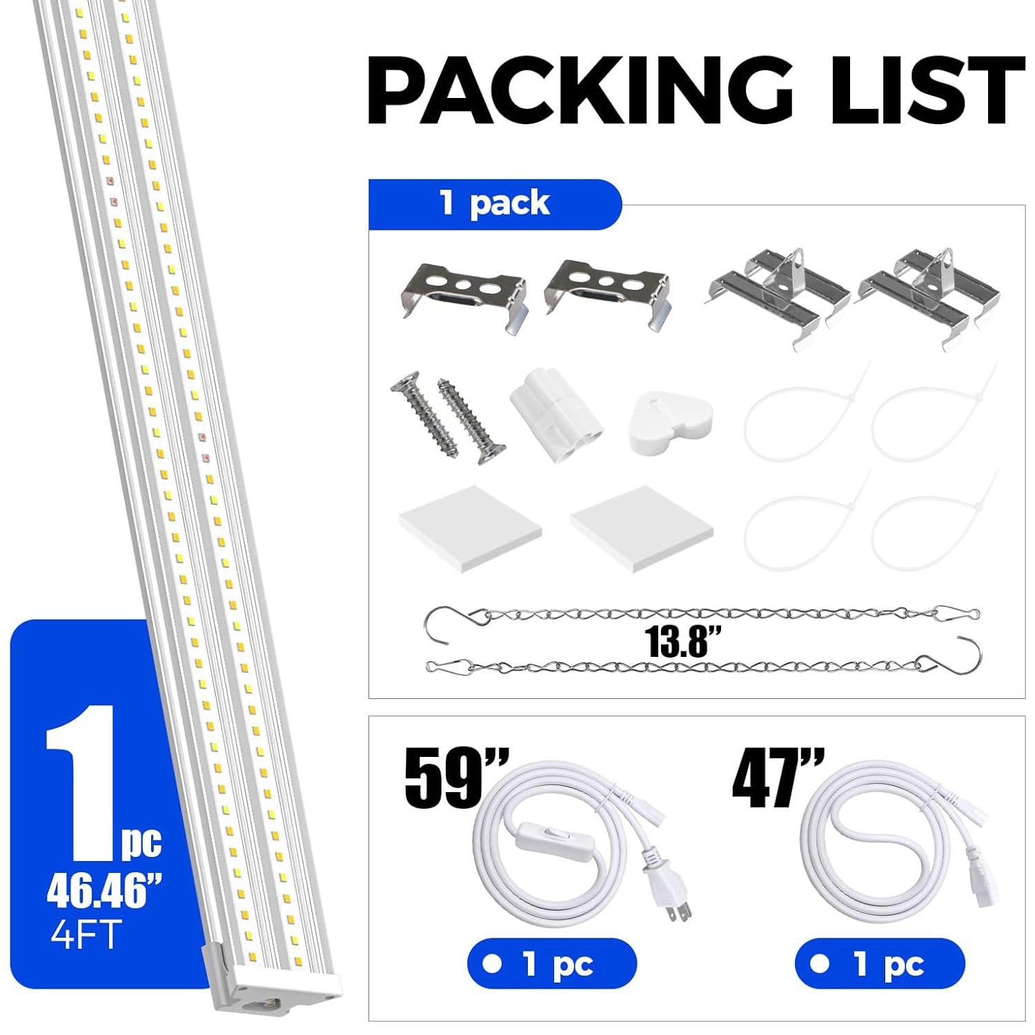 4FT Grow Light 60W(420W Equivalent) Full Spectrum with 660nm Red LEDs