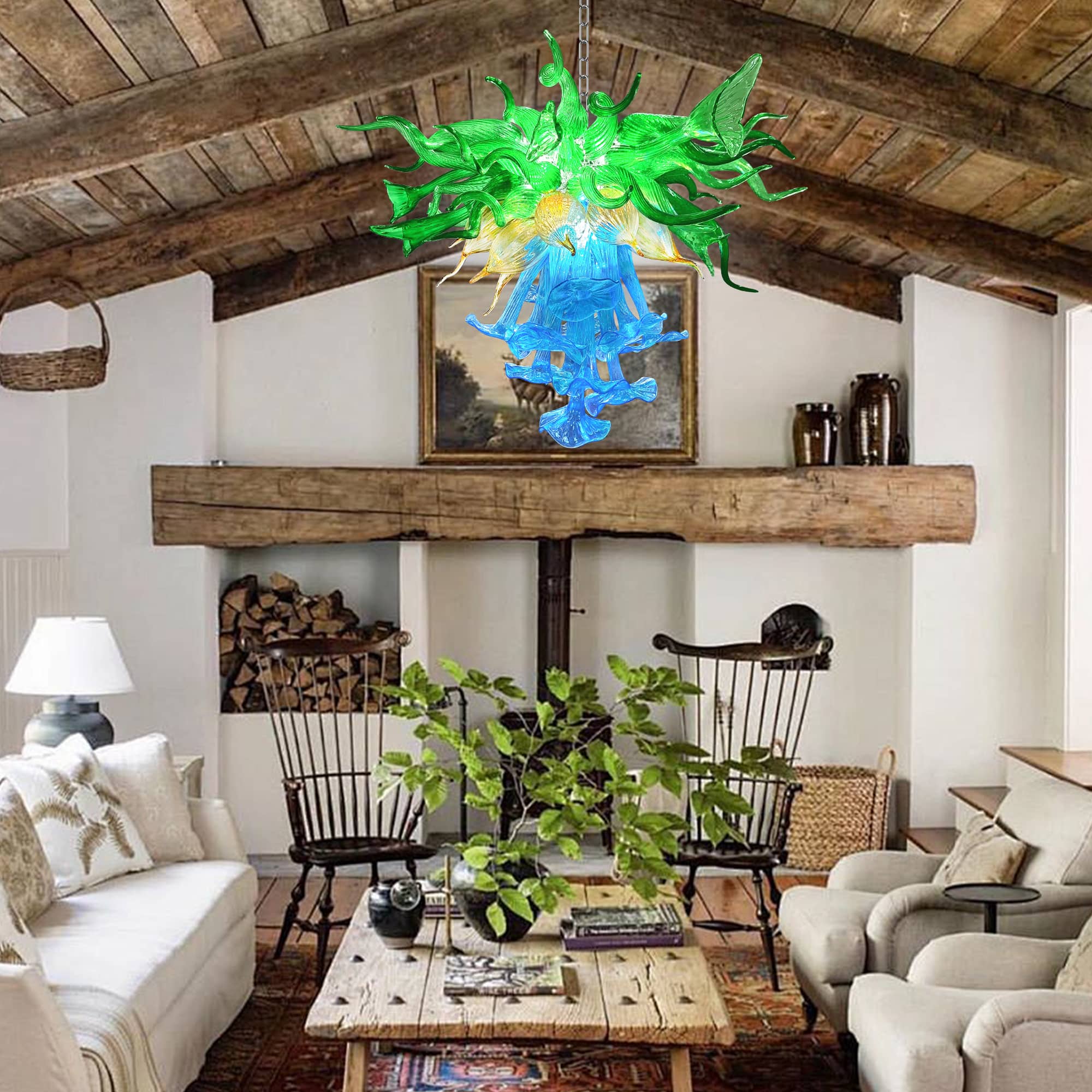 Blown Glass Chandelier Three Layers Blue Green And Gold