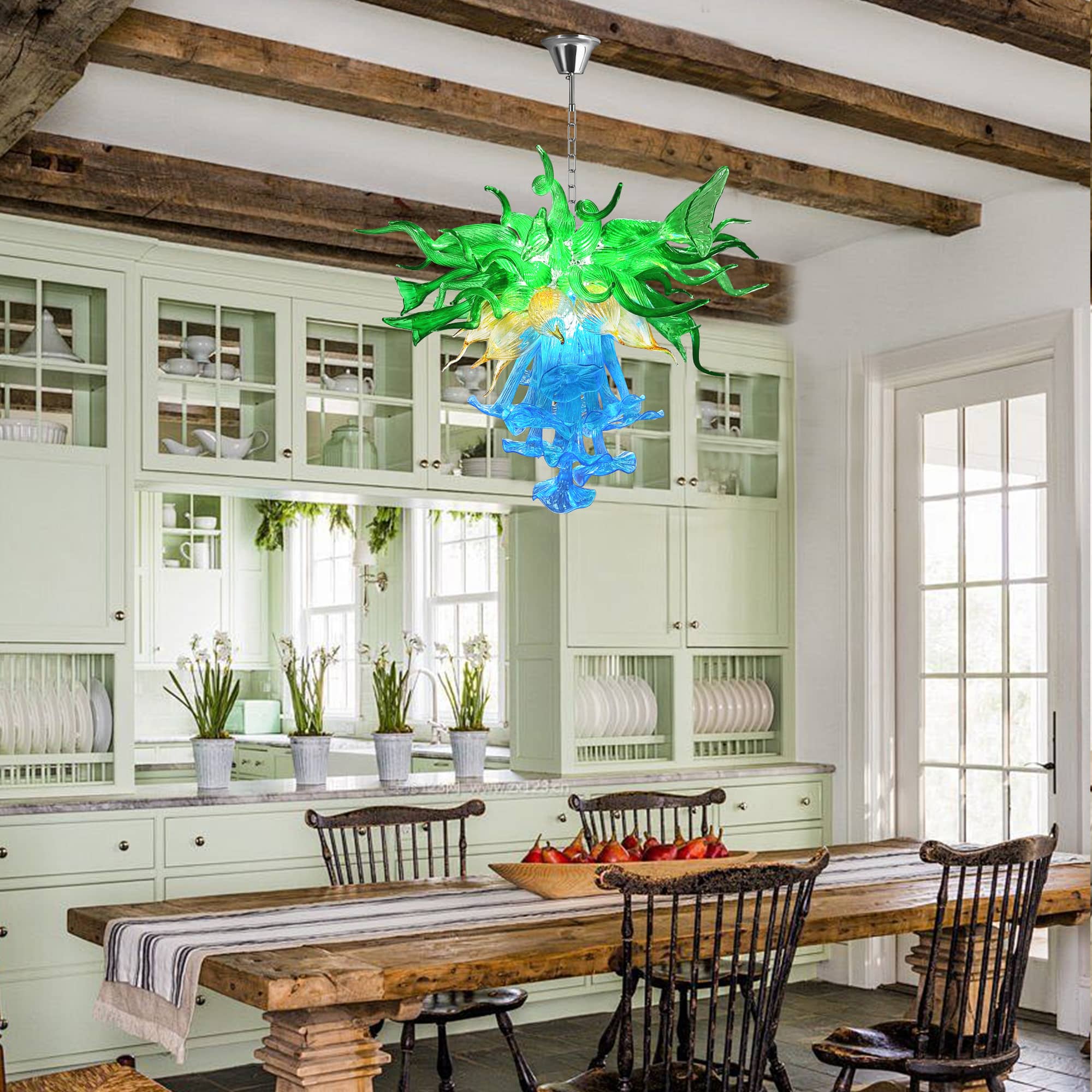 Blown Glass Chandelier Three Layers Blue Green And Gold