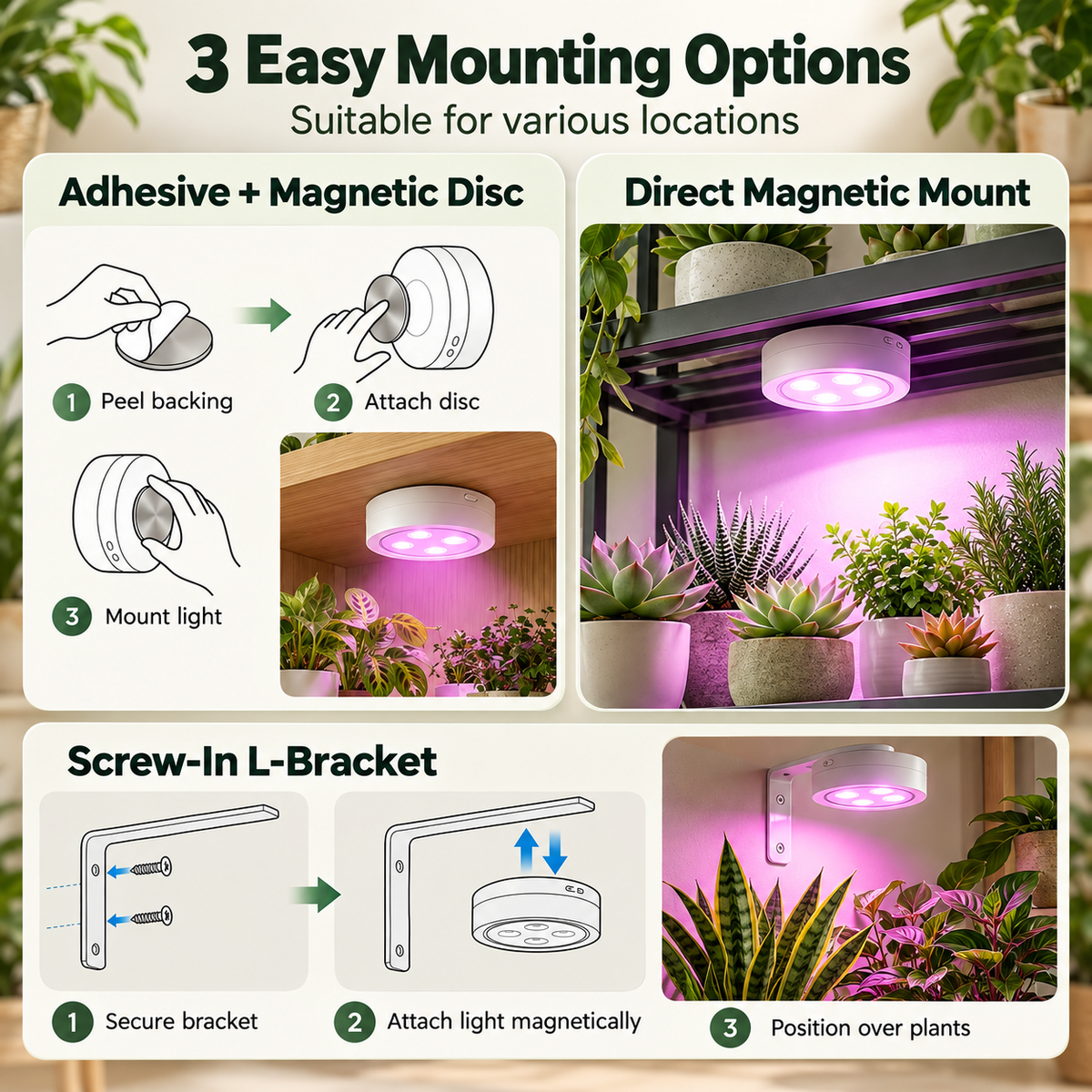 4 Pack Rechargeable Magnetic Grow Lights Full Spectrum Indoor Plants