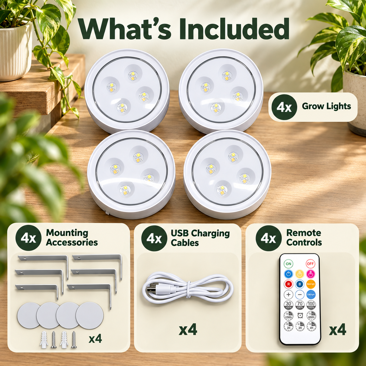 4 Pack Rechargeable Magnetic Grow Lights Full Spectrum Indoor Plants