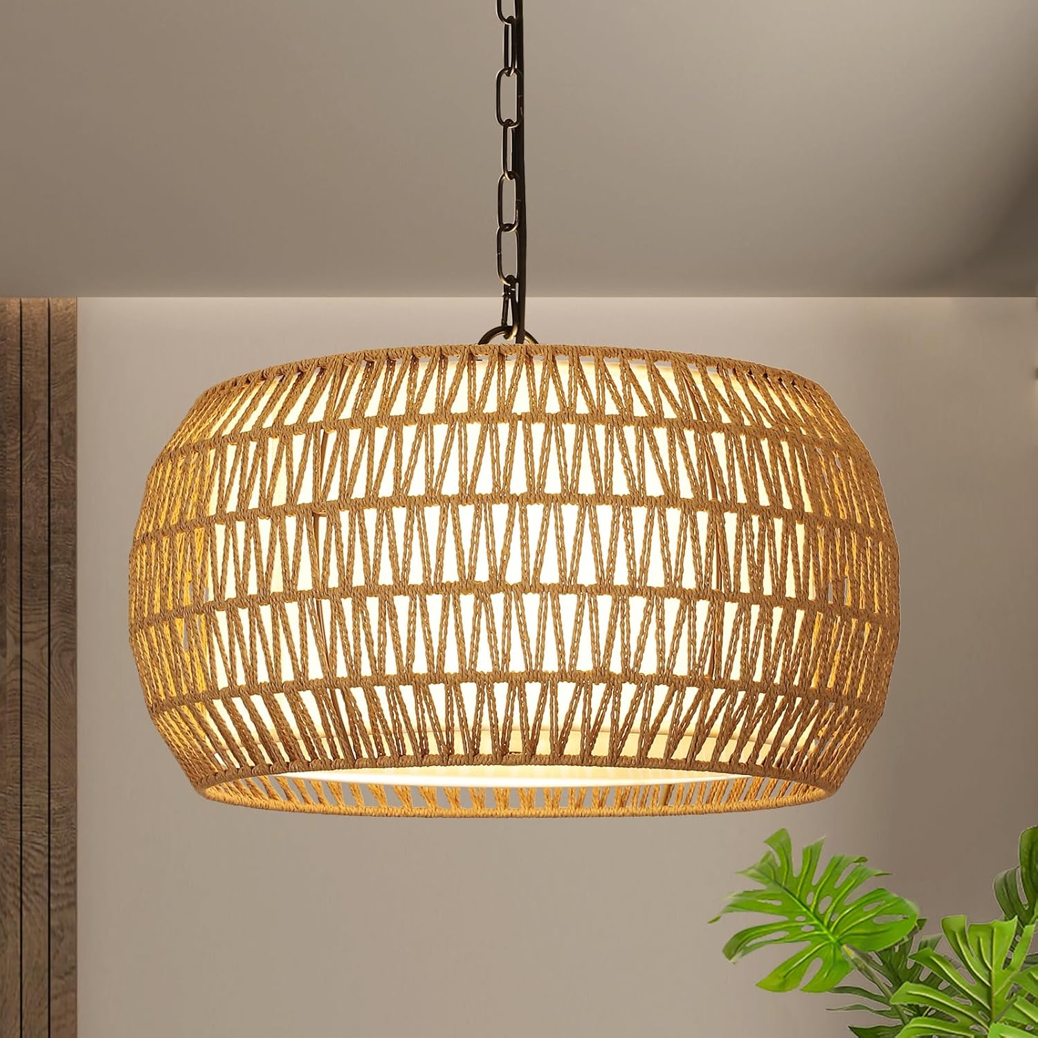 Rattan Farmhouse Chandelier Light Fixtures 5-Lights Boho Large Pendant Light
