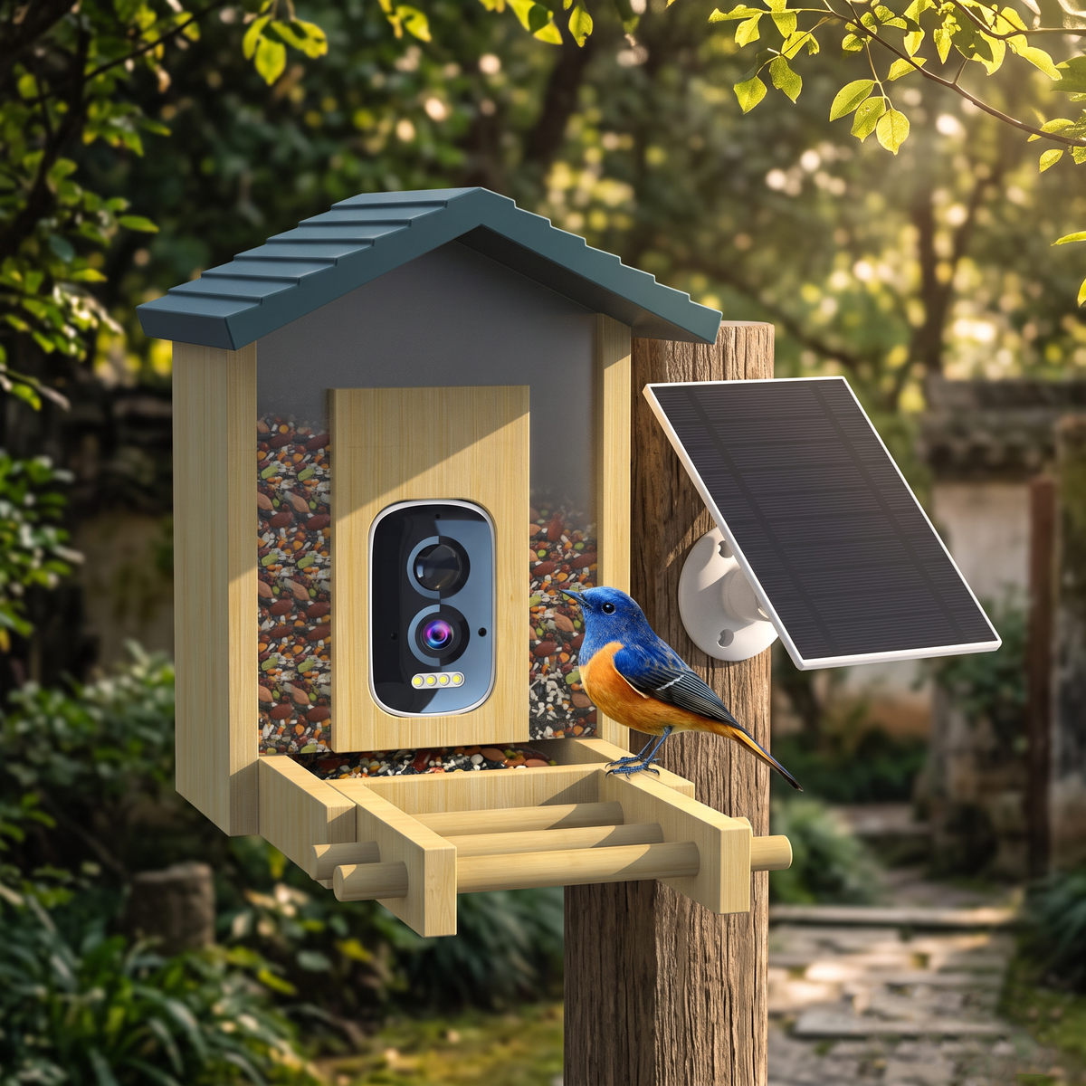 Solar Smart Bird Feeder with AI Camera & Bamboo Wood - B1