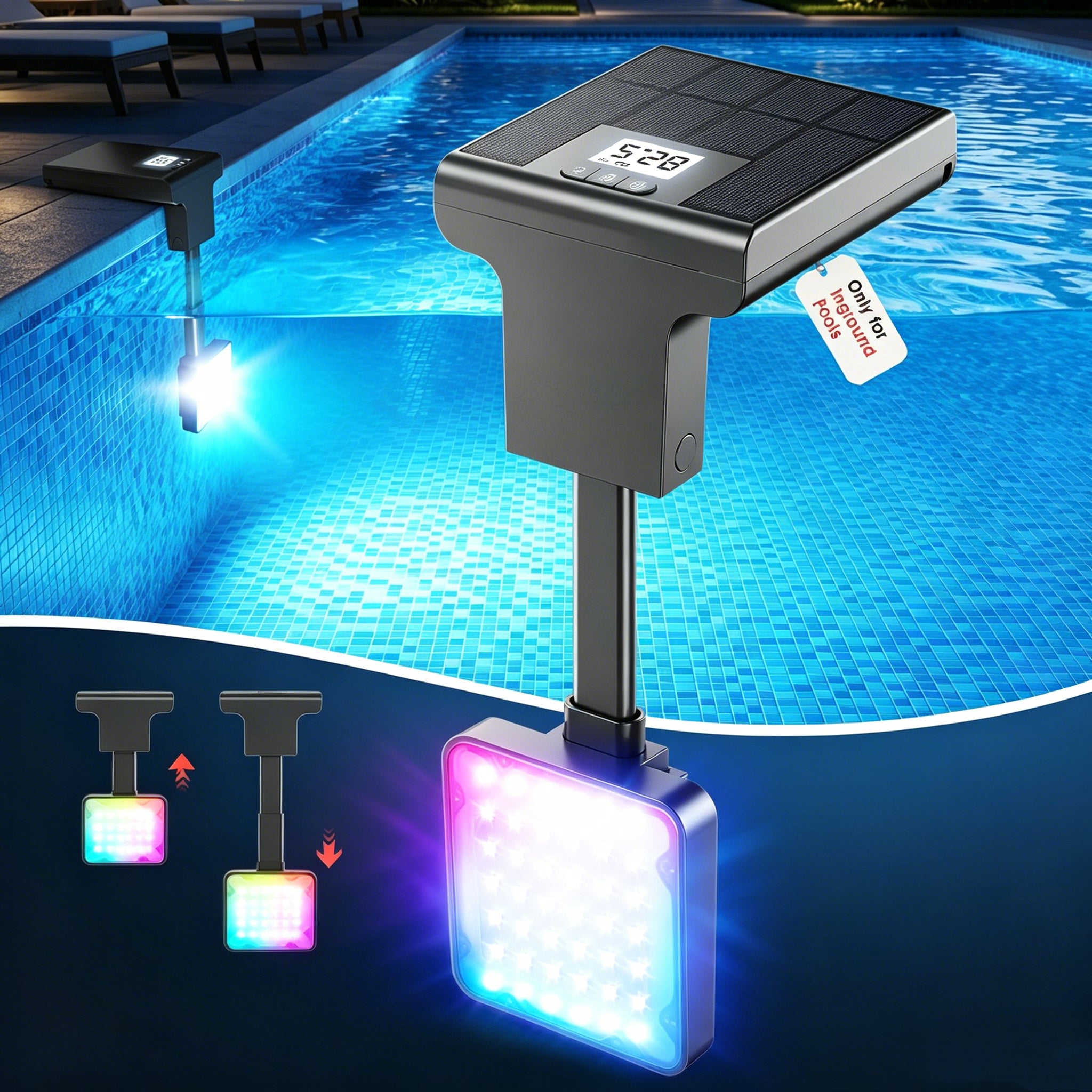 Solar Pool Lights for Inground Pools Upgraded with LCD Pool Thermometer