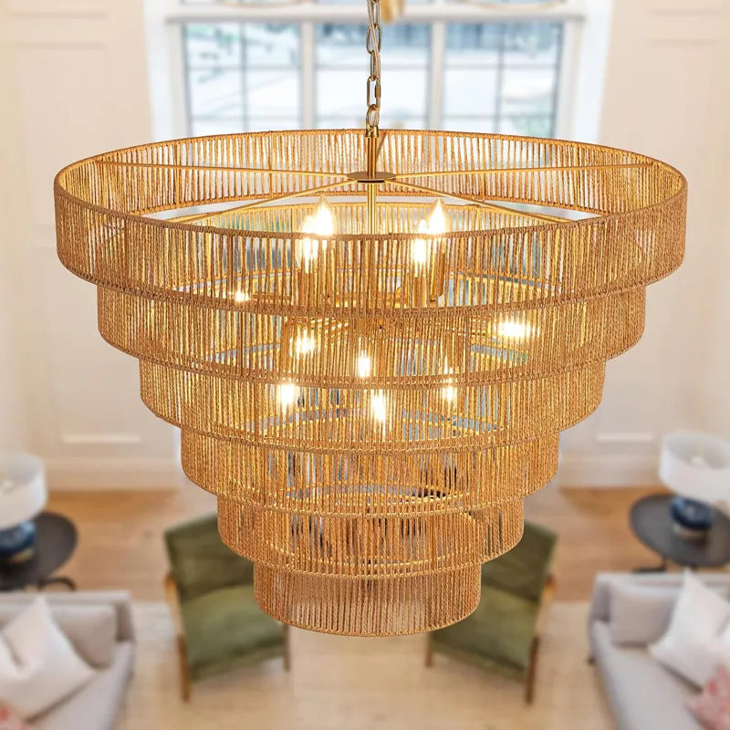 Hand-Woven Rattan Chandelier Vintage Farmhouse 12-Lights Boho