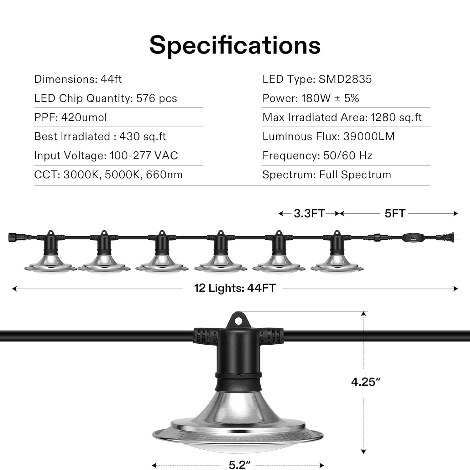 Full Spectrum Plant Growing Lights with 44Ft Adjustable Cord for Seedling