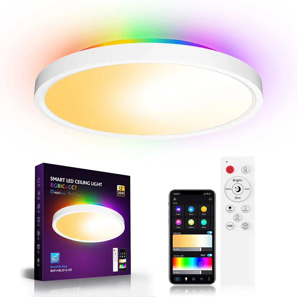 LED Ceiling Light 30W Round Flat Panel Light WiFi RGBIC/CCT/RGB 2700K-6500K