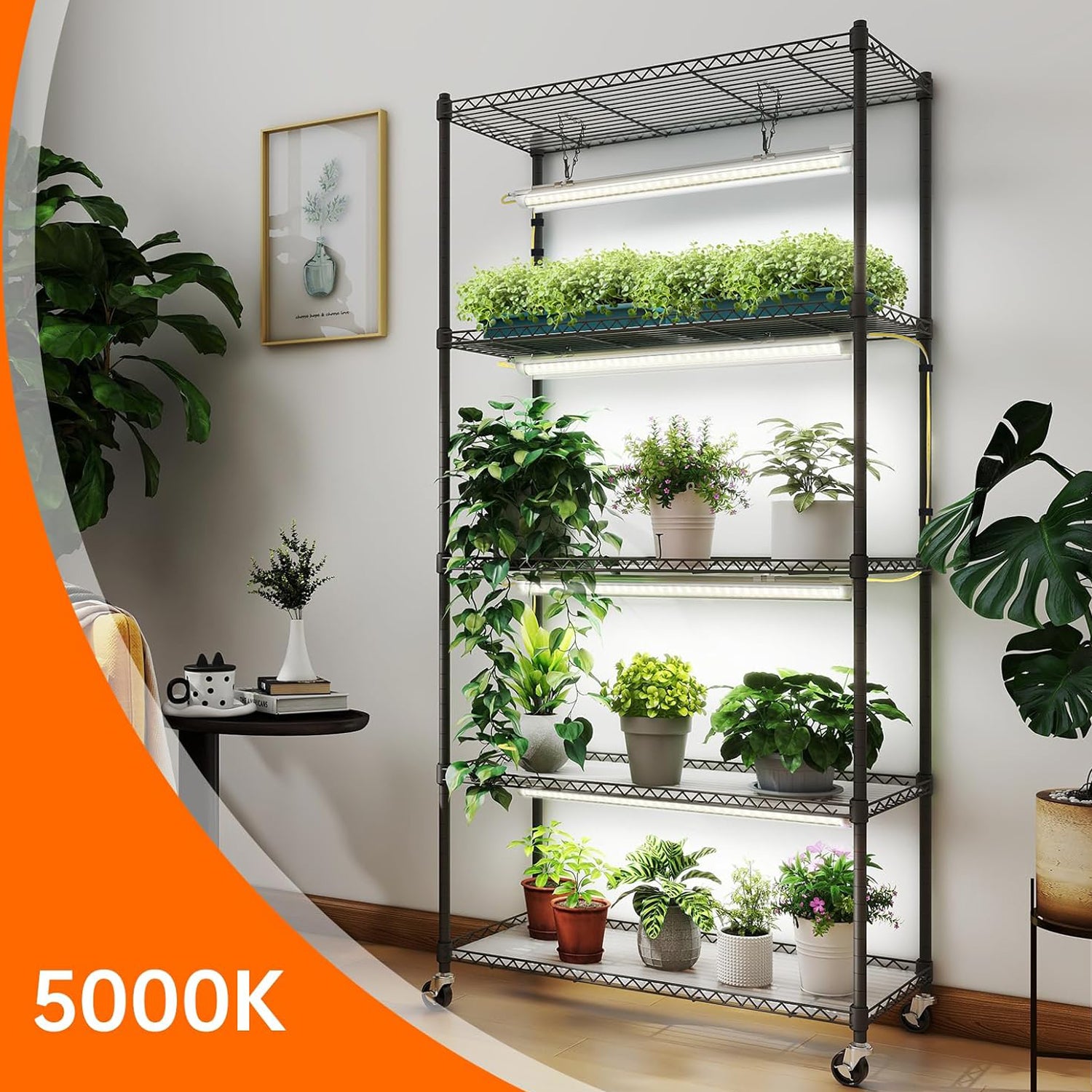 5-Tier Plant Stand with T8 24W Grow Light for Indoor Plants with Wheel