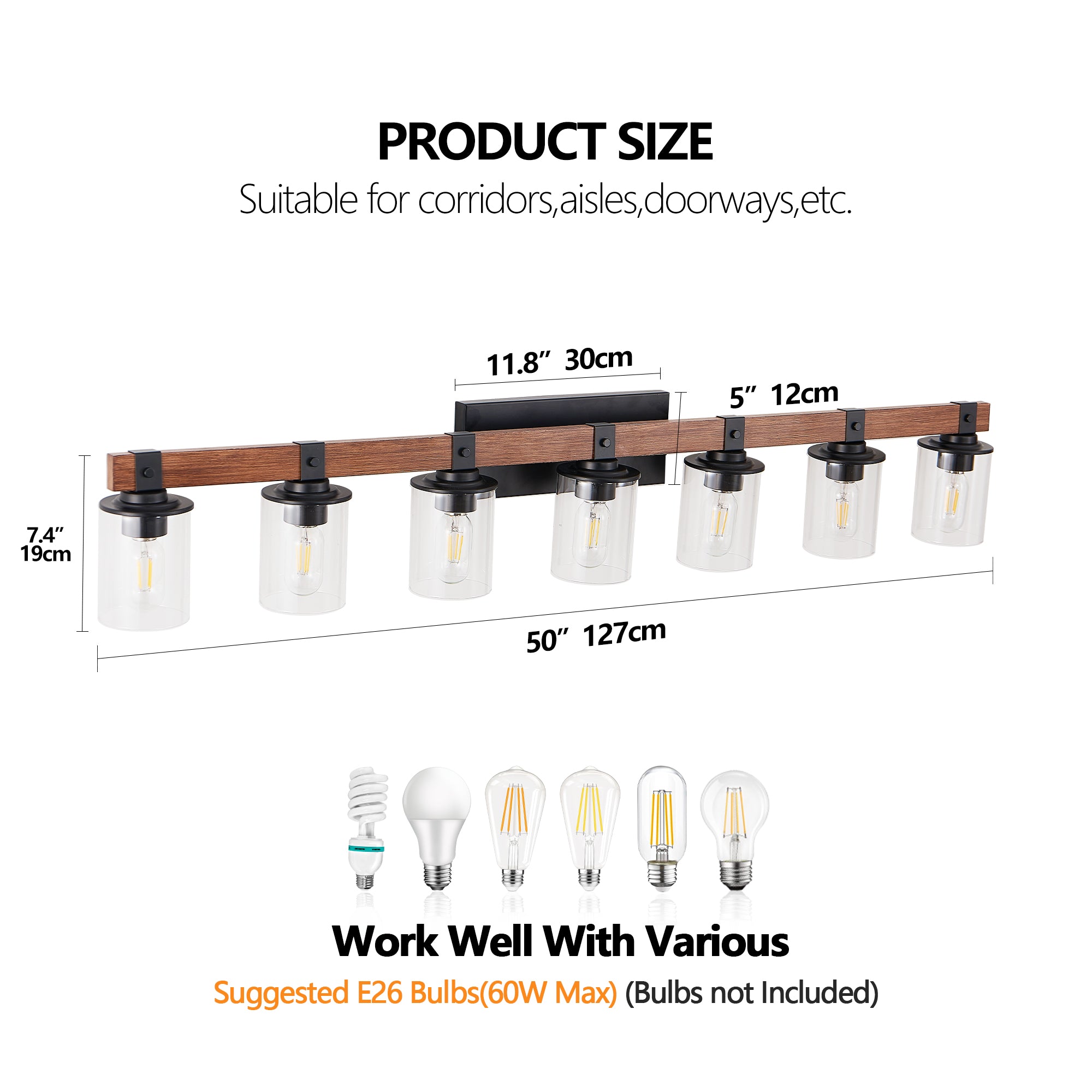 50" Rustic 7-Light Vanity Light, Industrial Bathroom Wall Sconce with Glass Shades