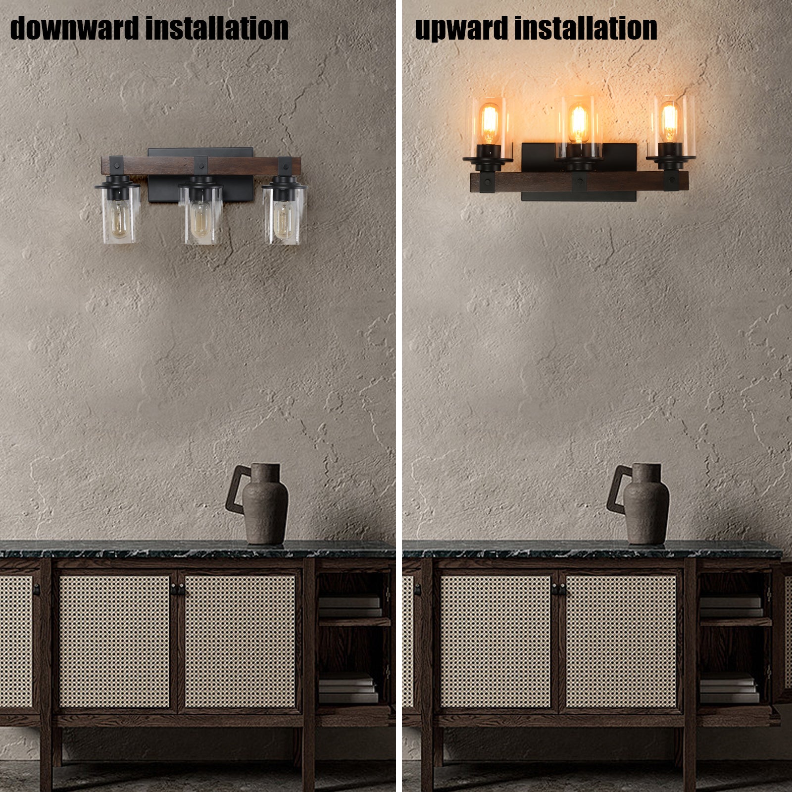 19" Rustic 3-Light Vanity Light Industrial Bathroom Wall Sconce