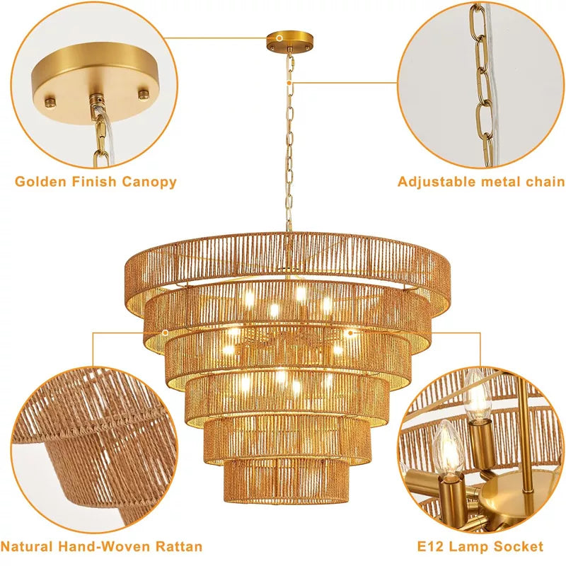 Hand-Woven Rattan Chandelier Vintage Farmhouse 12-Lights Boho