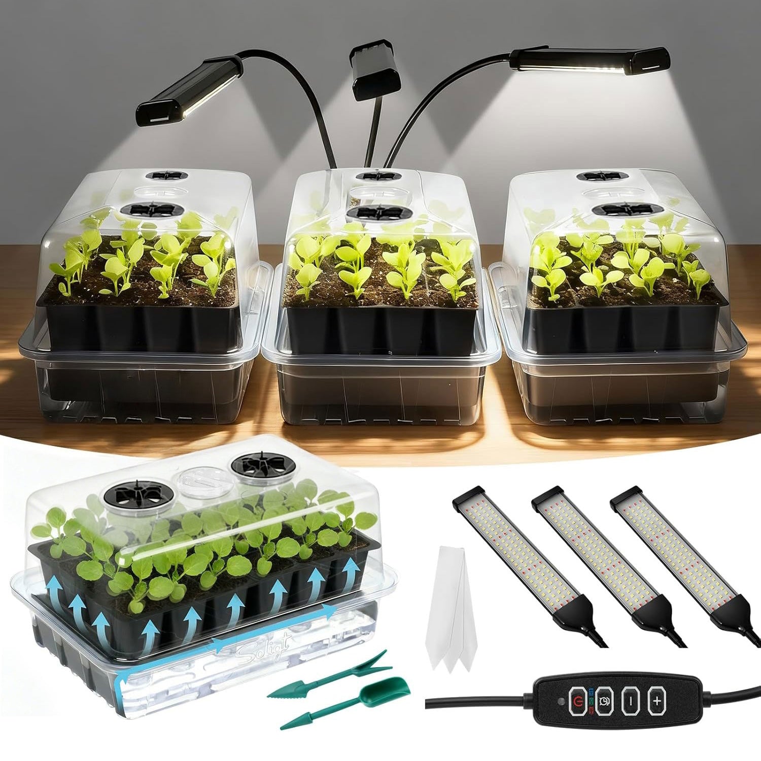 72 Cell Self Watering 3 Seed Starter Trays with Grow Light with Humidity Domes