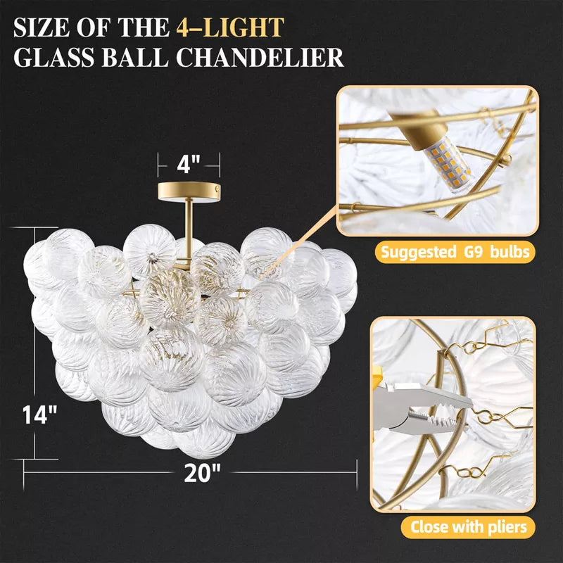 Bubble Glass Ceiling Light Talia Style Brass Finish D24" X H18"-T2