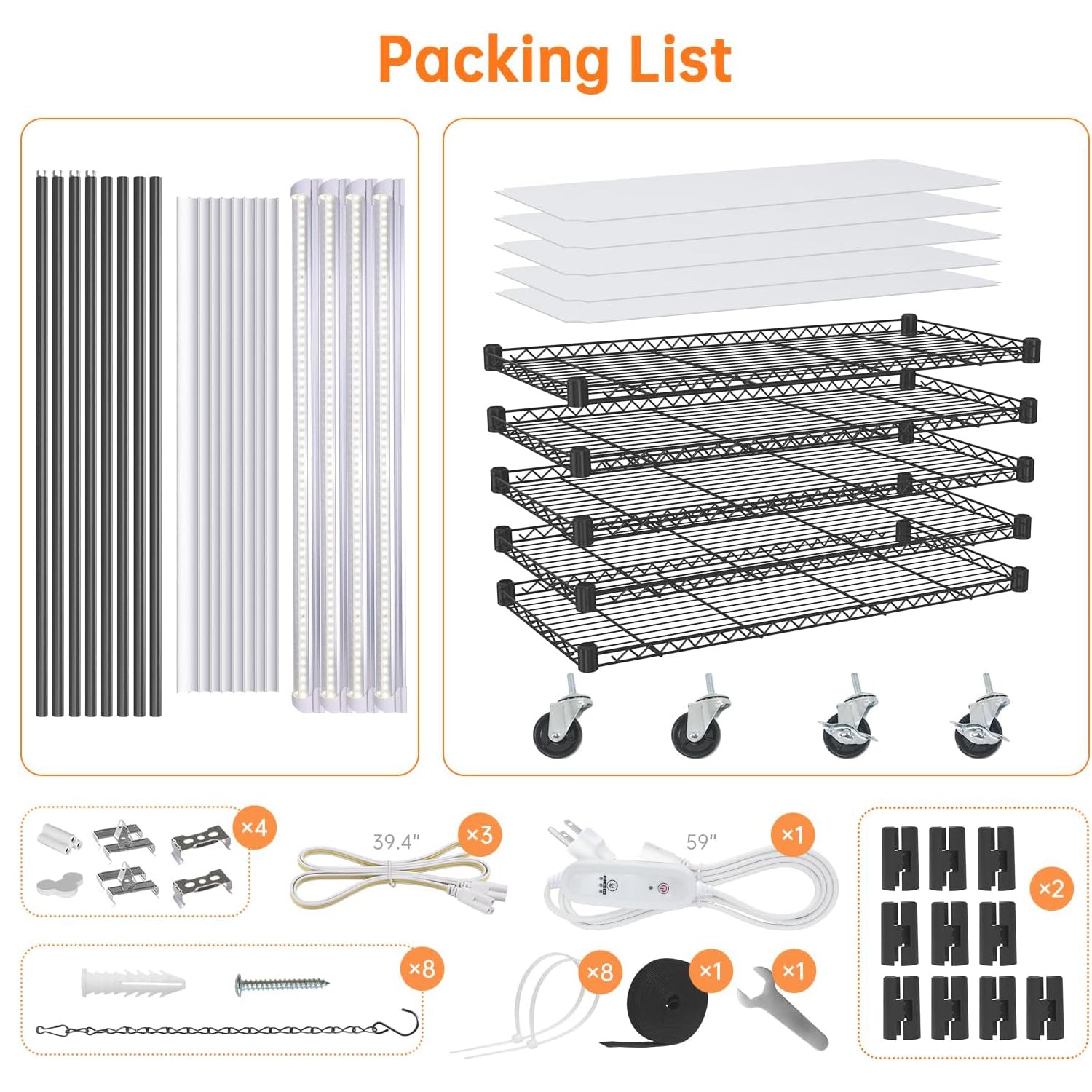 5-Tier Plant Stand with T8 24W Grow Light for Indoor Plants with Wheel