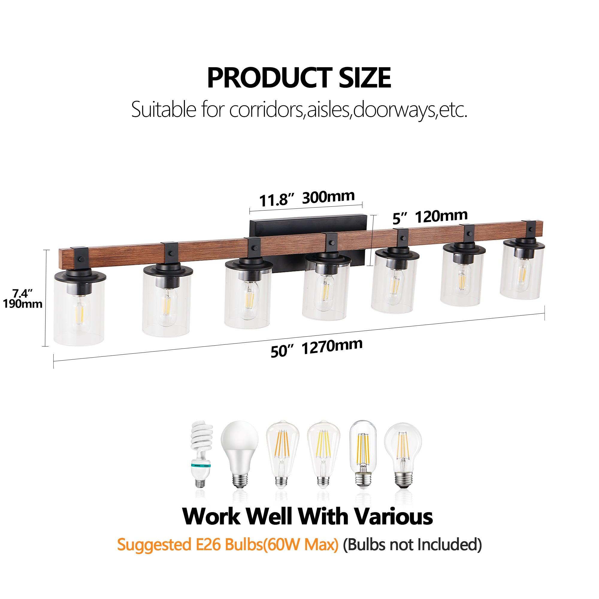 50" Rustic 7-Light Vanity Light, Industrial Bathroom Wall Sconce with Glass Shades