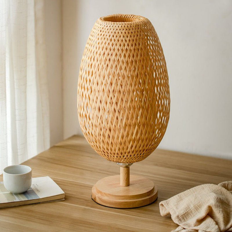 Small Rattan Table Lamp Stepless Dimmable Vintage Wicker Wooden Nightstand - ktvhomes