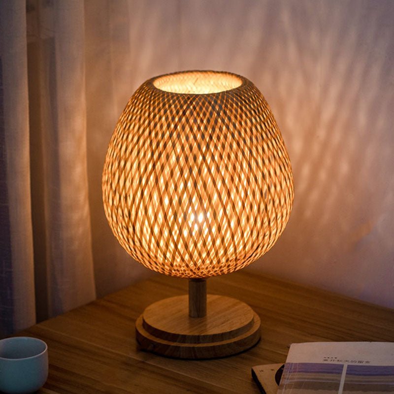 Small Rattan Table Lamp Stepless Dimmable Vintage Wicker Wooden Nightstand - ktvhomes