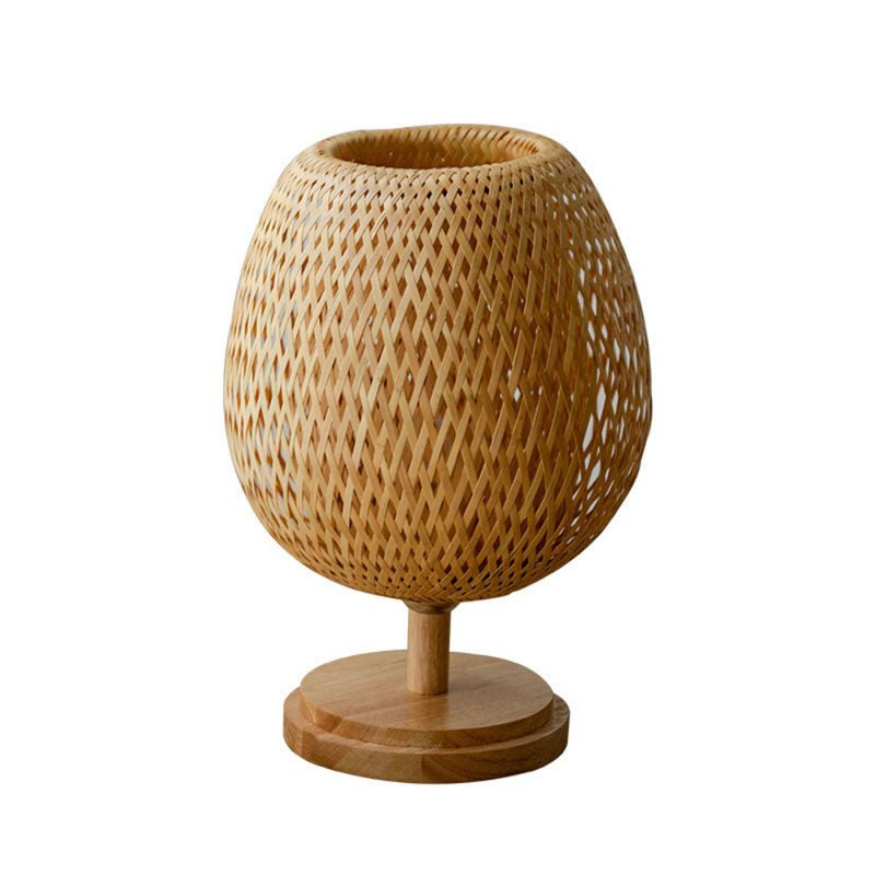 Small Rattan Table Lamp Stepless Dimmable Vintage Wicker Wooden Nightstand - ktvhomes
